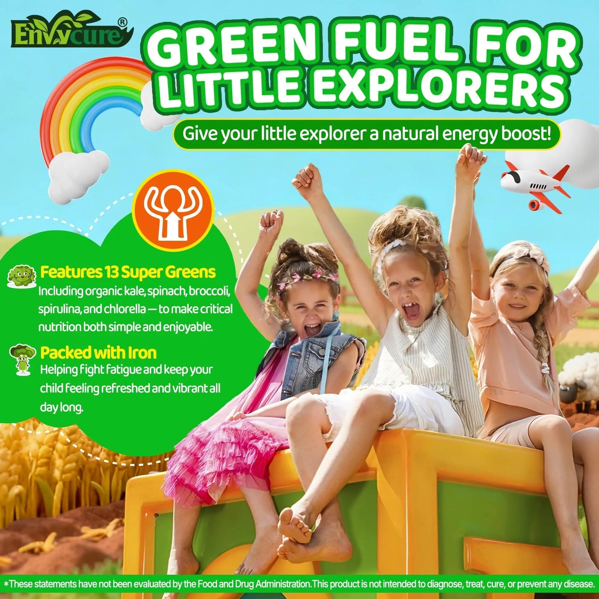 Kids Super Greens Gummies, w/Multivitamins, Spirulina, Chlorella, Spinach, Broccoli, Calcium, Omega-3 (DHA/EPA) EnvyCure uk supplements