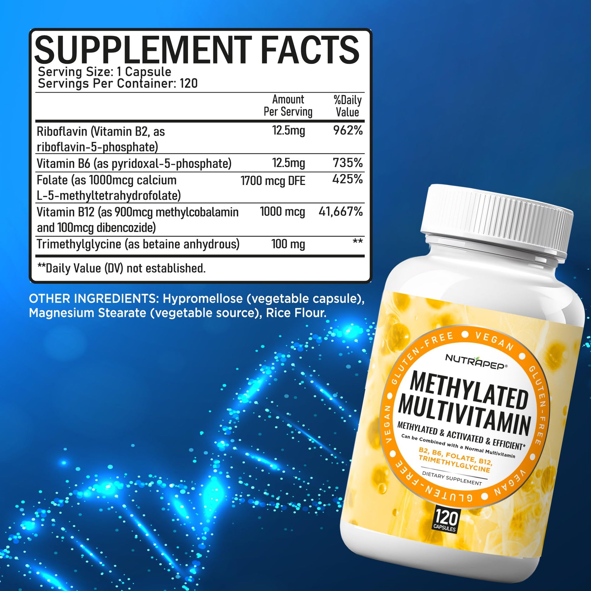 NutraPep Methylated Multivitamin for Men Women - 5-MTHF Riboflavin Vitamin B2 B6 B12 B Complex Trimethylglycine Methyl Folate L Methylfolate Capsules Supplement NutraPep uk supplements