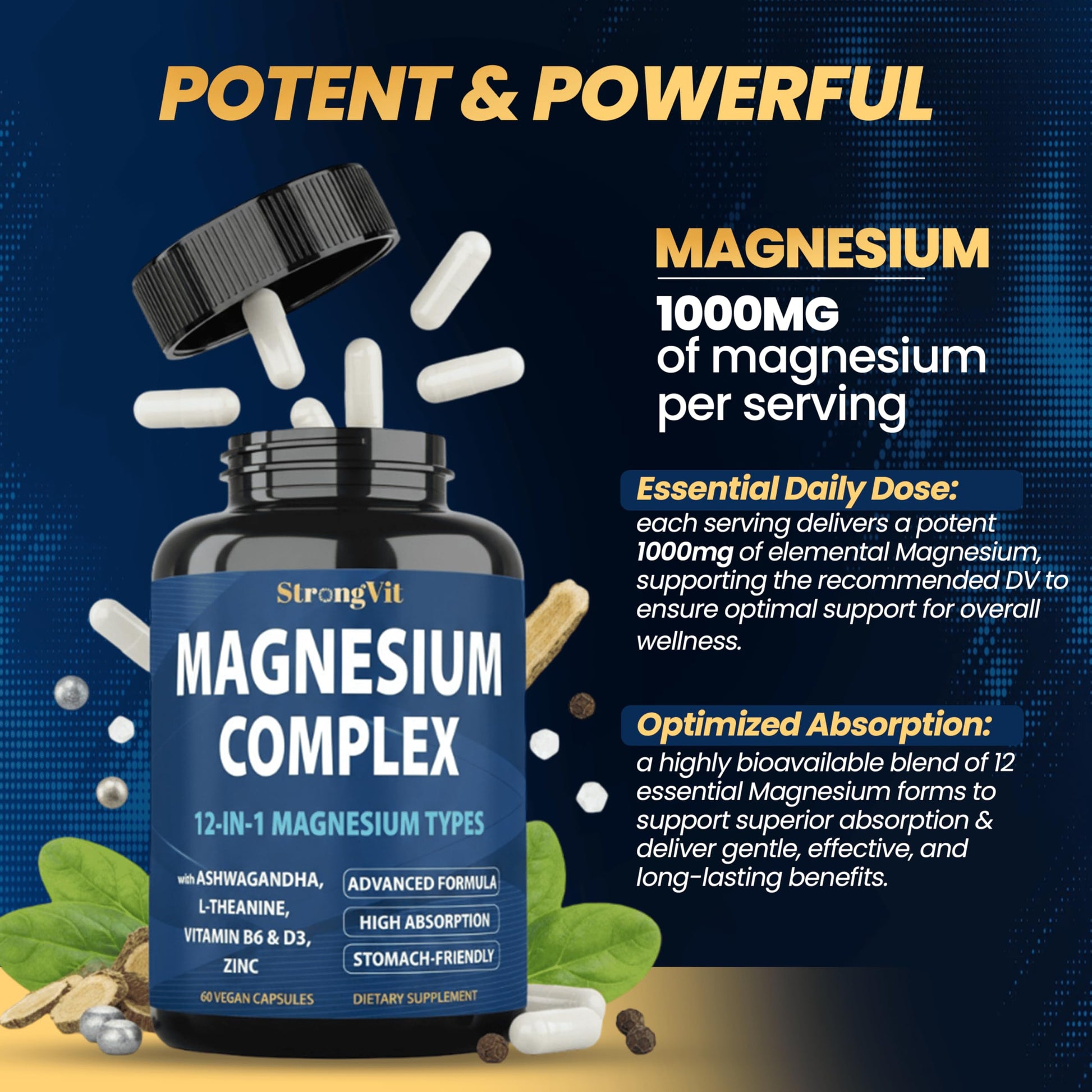 1000mg Magnesium Complex for Women and Men, 12 in 1 Magnesium Supplement with Ashwagandha, Zinc, D3, L-theanine. Easy to Swallow, High Absorption, Sleep Support & Stress Relief (60 Capsules) StrongVit uk supplements