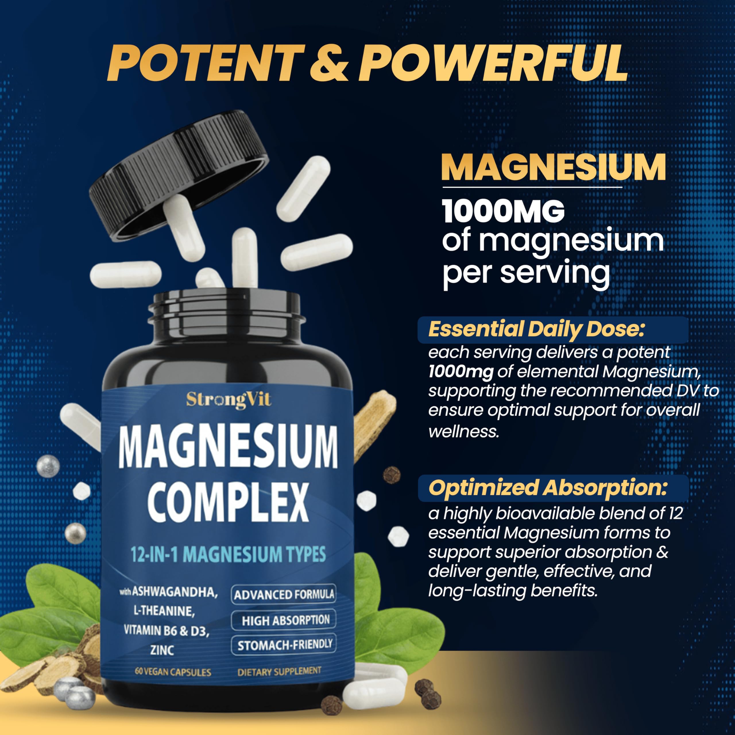 1000mg Magnesium Complex for Women and Men, 12 in 1 Magnesium Supplement with Ashwagandha, Zinc, D3, L-theanine. Easy to Swallow, High Absorption, Sleep Support & Stress Relief (60 Capsules) StrongVit uk supplements