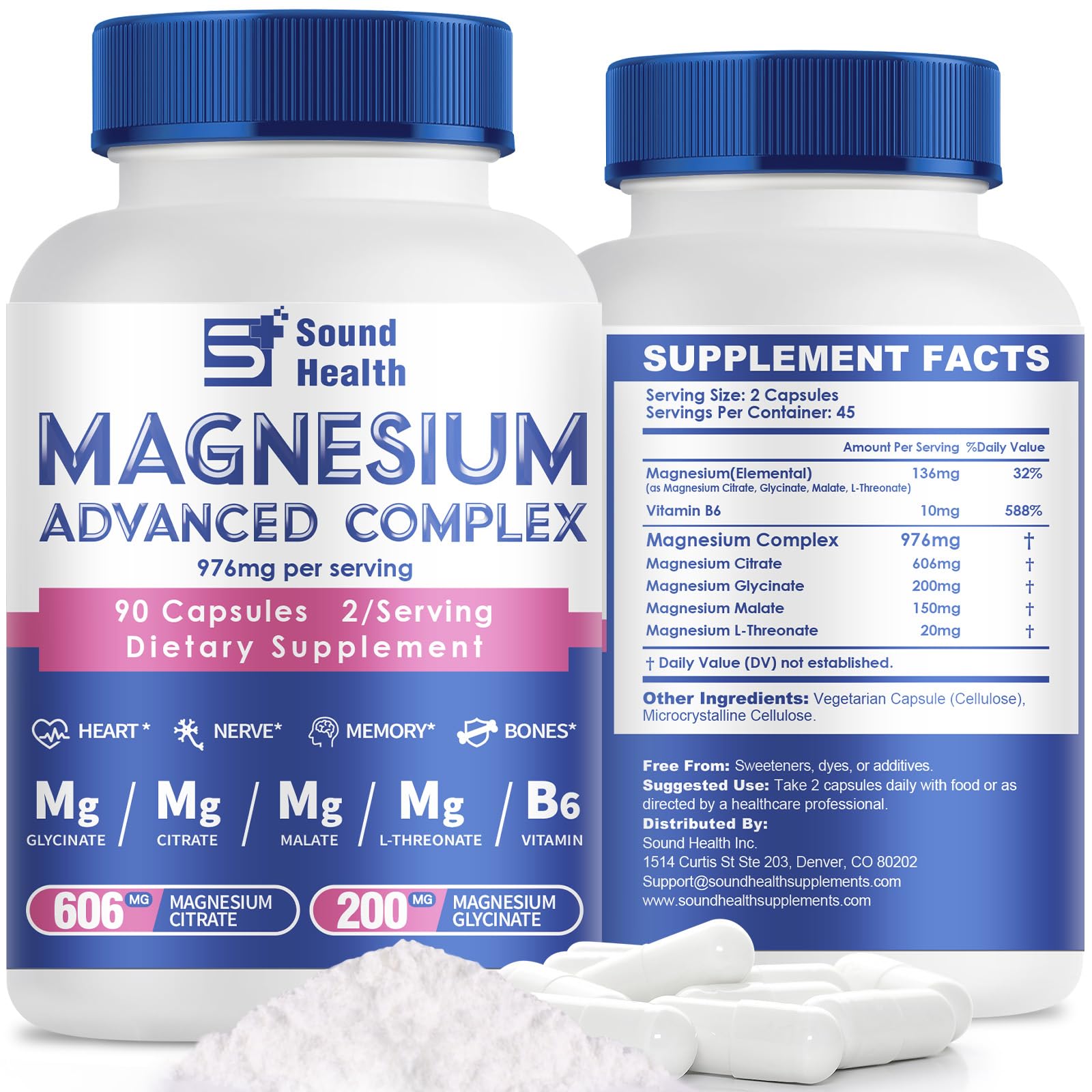 Magnesium Complex Capsule 5 in 1 Magnesium Supplement from Magnesium Glycinate, Citrate, Malate, L-Threonate & Vitamin B6, High Absorption Magnesium Supplement, Non-GMO, Vegan Sound Health Plus uk supplements