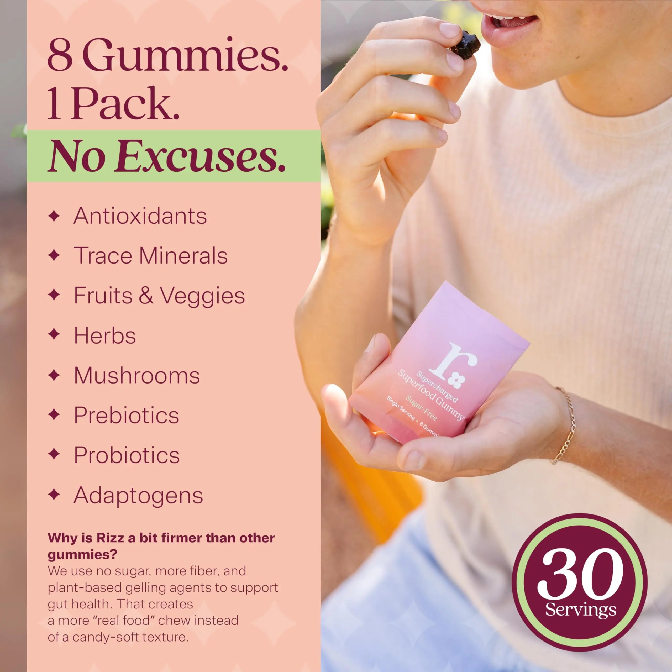 Rizz Sugar-Free Green Gummies - 60+ Superfoods 6g Fiber - Prebiotic and Probiotic Gummies - Vegan Multivitamins for Women & Men Rizz uk supplements