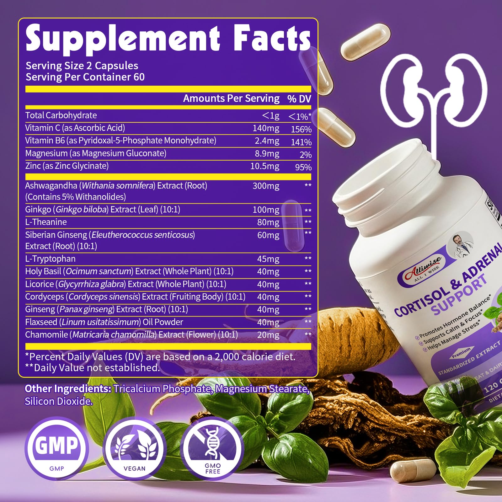 Alliwise Cortisol Supplements for Women & Men - Adrenal Support with Ashwagandha, L-Theanine & Holy Basil for Stress Relief, Mood & Steady Focus - Hormone Balance - 120 Vegan Capsules Alliwise uk supplements