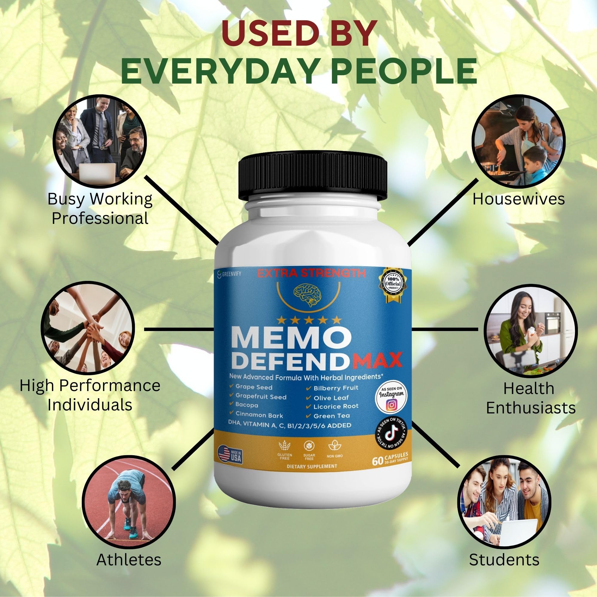Memo Defend Max Memory Support Supplement, 60 Capsules, with Vitamins A C D E B Complex, DHA, Bacopa, Grapefruit Seed (1) GREENVIFY uk supplements