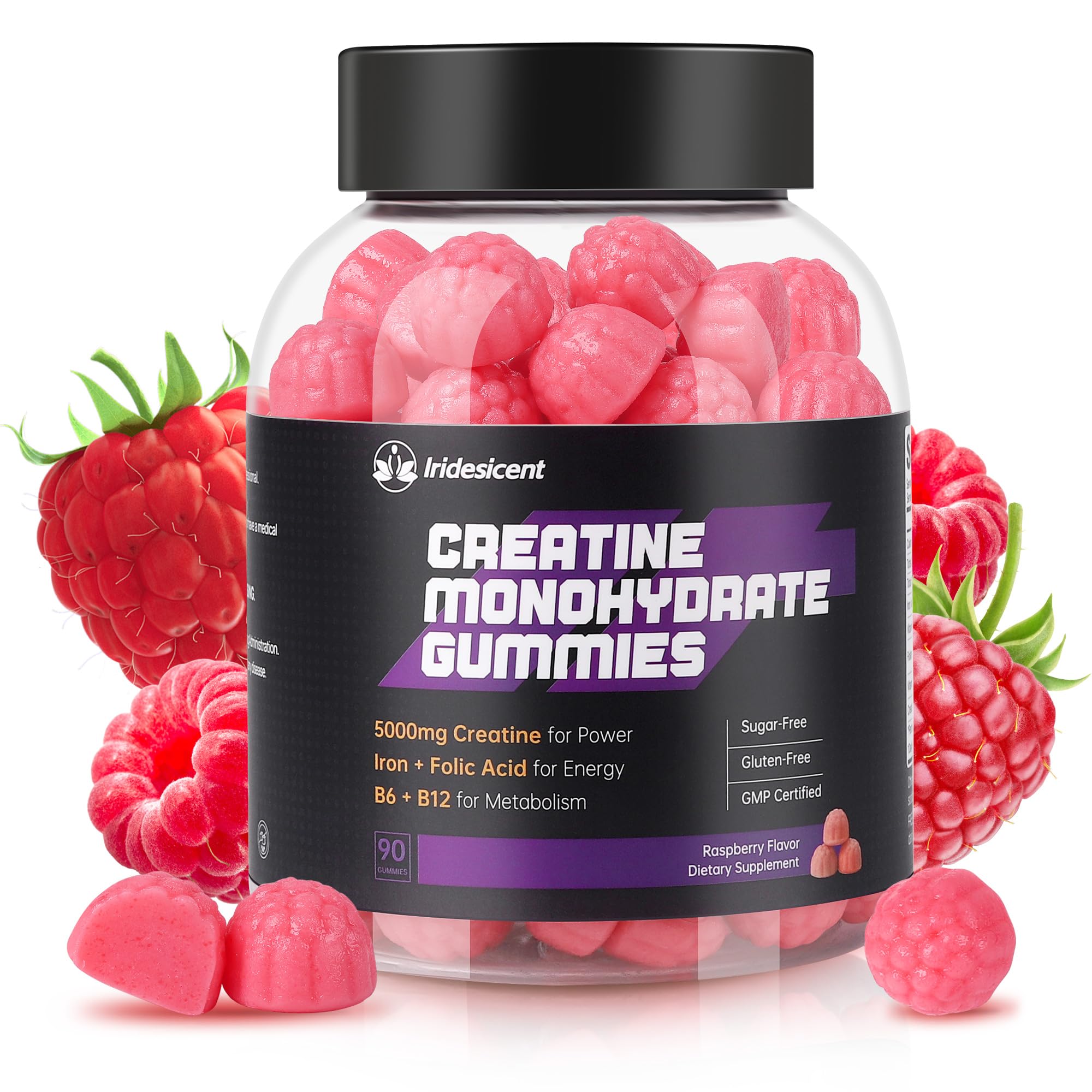 IRIDESICENT Creatine Monohydrate Gummies 5000mg w/Iron, Vitamin B6 & B12, Sugar Free 5g Creatine Supplements for Women and Men Boost Energy & Muscle Recovery - 90 Raspberry Gummies IRIDESICENT uk supplements