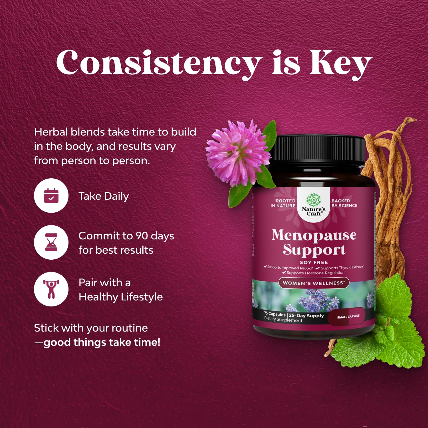 Complete Herbal Menopause Supplement for Women - Soy Free Female Hormone Balance Capsules for Night Sweats Hot Flashes & Mood Swings with Dong Quai, Chaste Berry & Black Cohosh Root - 75 Count Natures Craft uk supplements