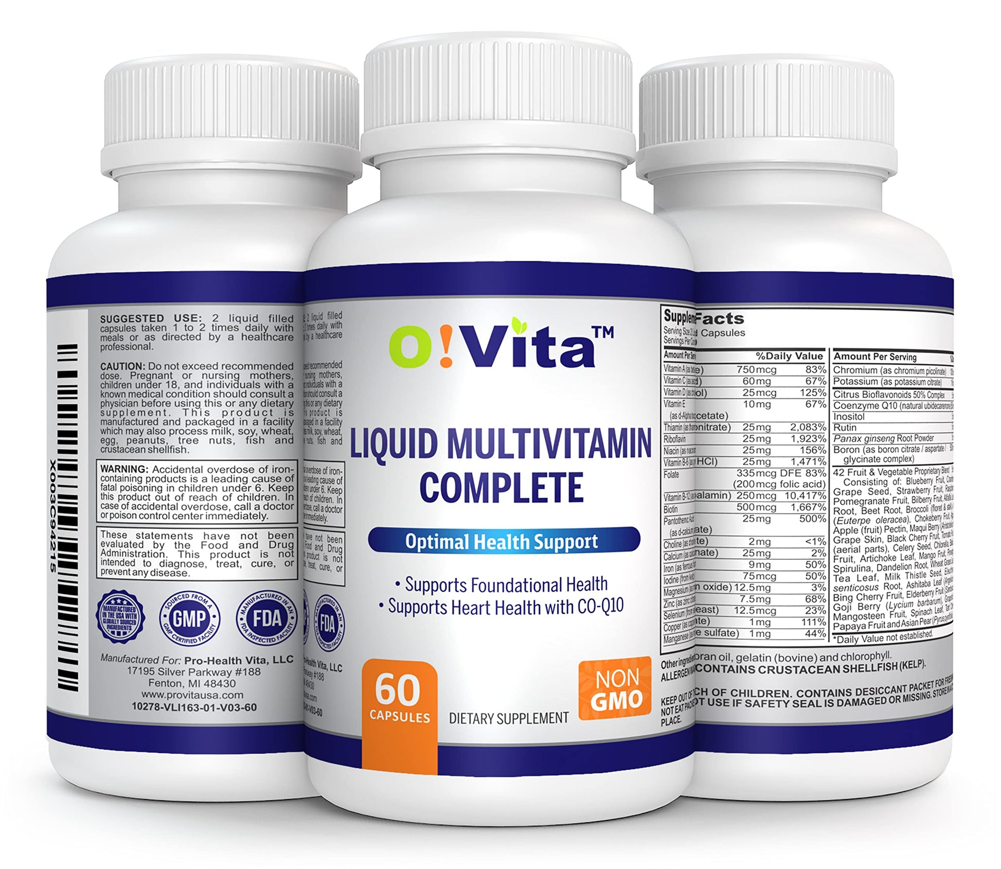 O!VITA Liquid Multivitamin Complete, with a Full Spectrum of Vitamins and Minerals, Plus 42 Fruits and Vegetable Proprietary Blend, Easy Absorption (60 Vegan Liquid Filled Capsules) O!VITA uk supplements
