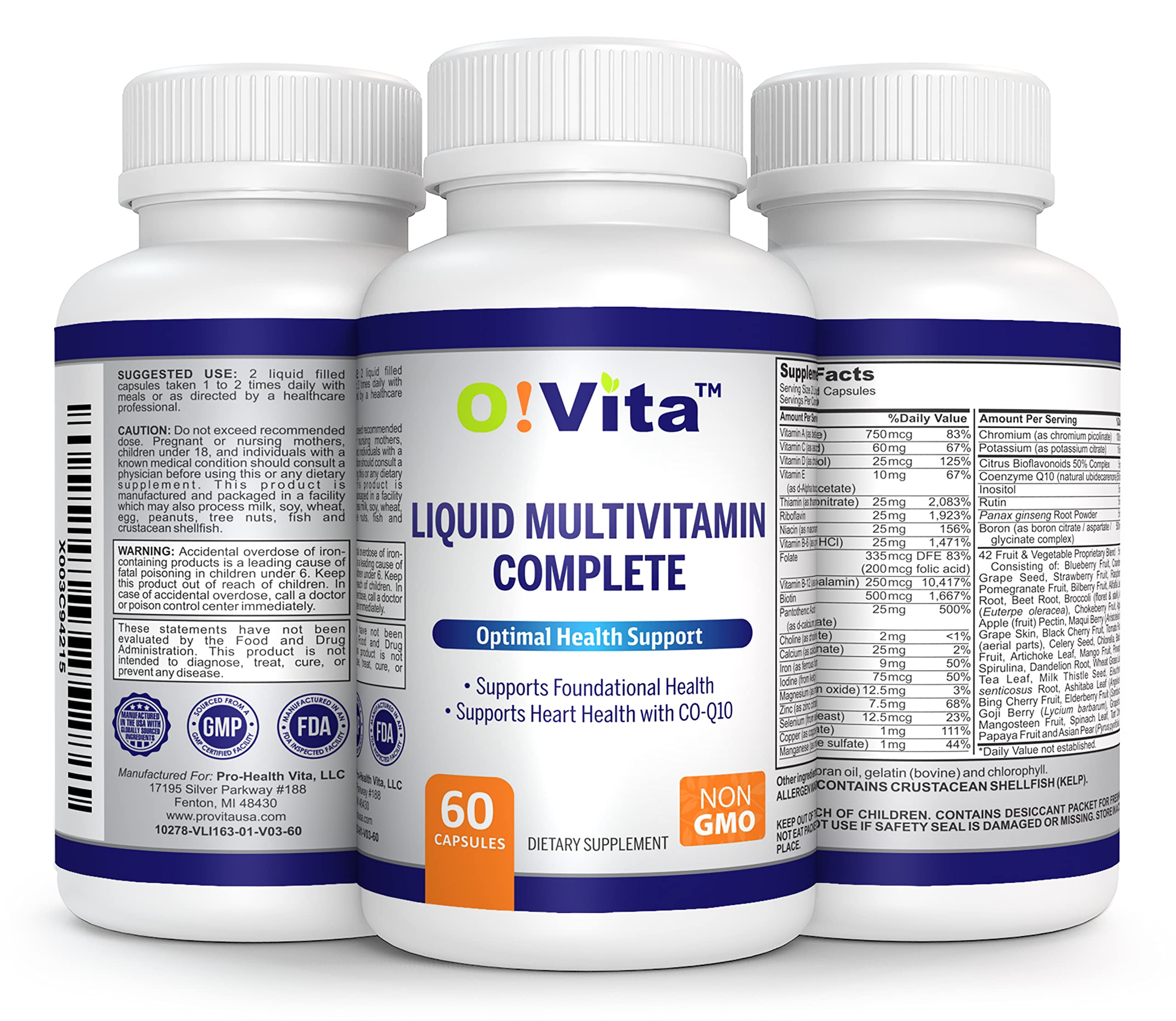 O!VITA Liquid Multivitamin Complete, with a Full Spectrum of Vitamins and Minerals, Plus 42 Fruits and Vegetable Proprietary Blend, Easy Absorption (60 Vegan Liquid Filled Capsules) O!VITA uk supplements