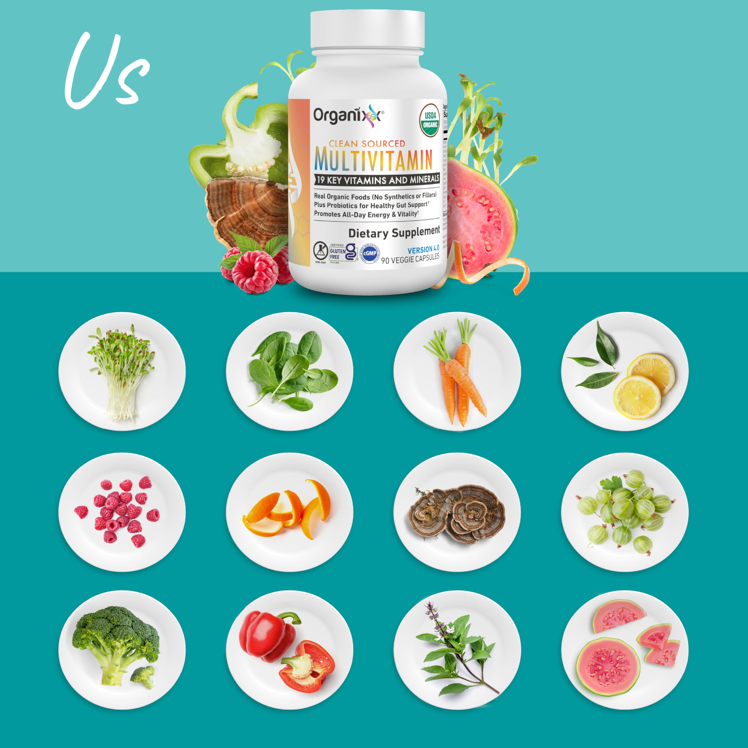 Organixx Clean Sourced Multivitamin for Women & Men, w/Vitamin C, D3, Vitamin B Complex, Probiotics, Organic Fruits & Vegetables, Supports Digestive Gut Health, Immune Support, 90 Vegan Gel Capsules Organixx uk supplements