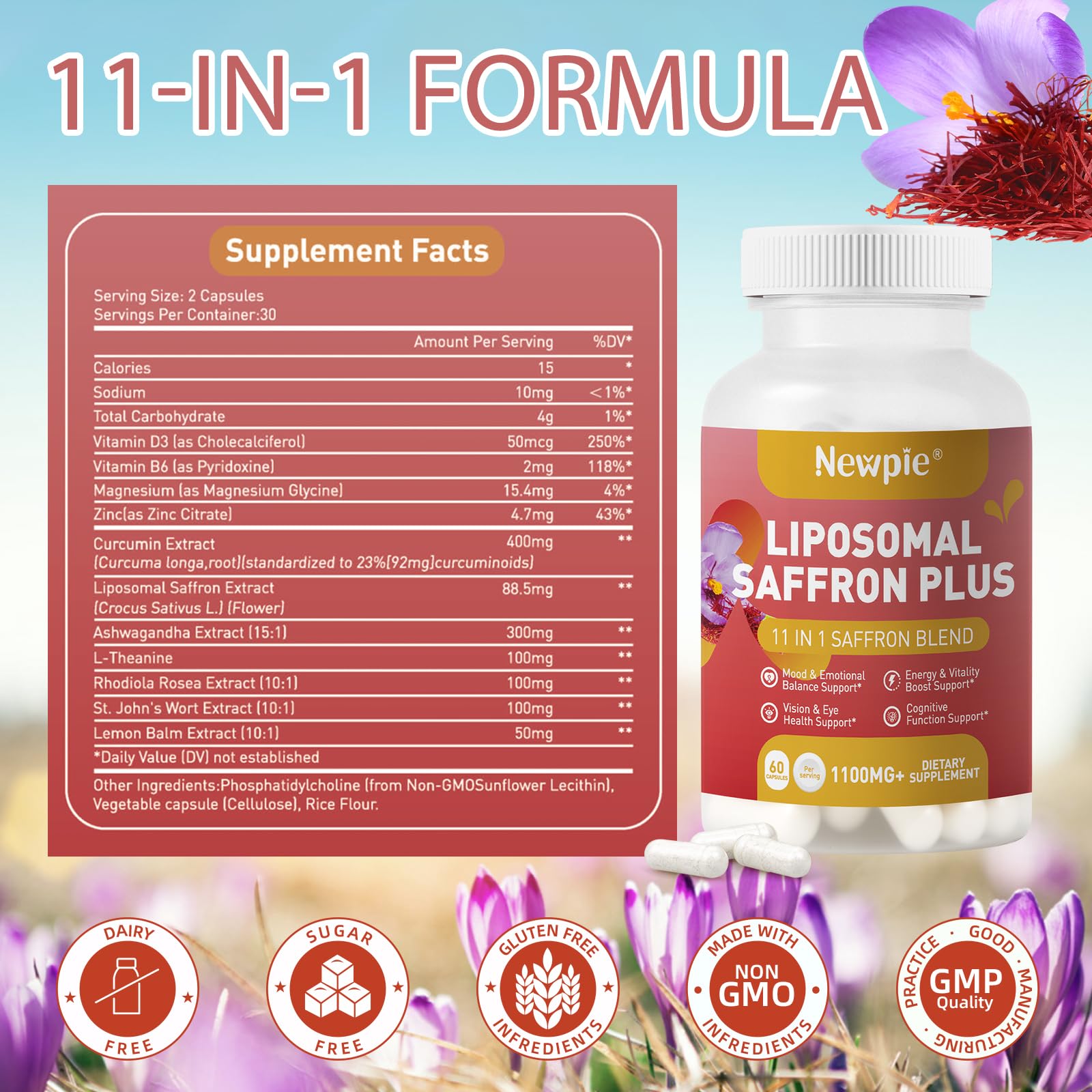 Newpie Saffron Supplements - 100% Pure Saffron Extract Capsules - Natural Mood Enhancer, Supports Eye & Heart Health, Boosts Energy - Premium Supplement for Women & Men（60 Servings (2) Newpie uk supplements