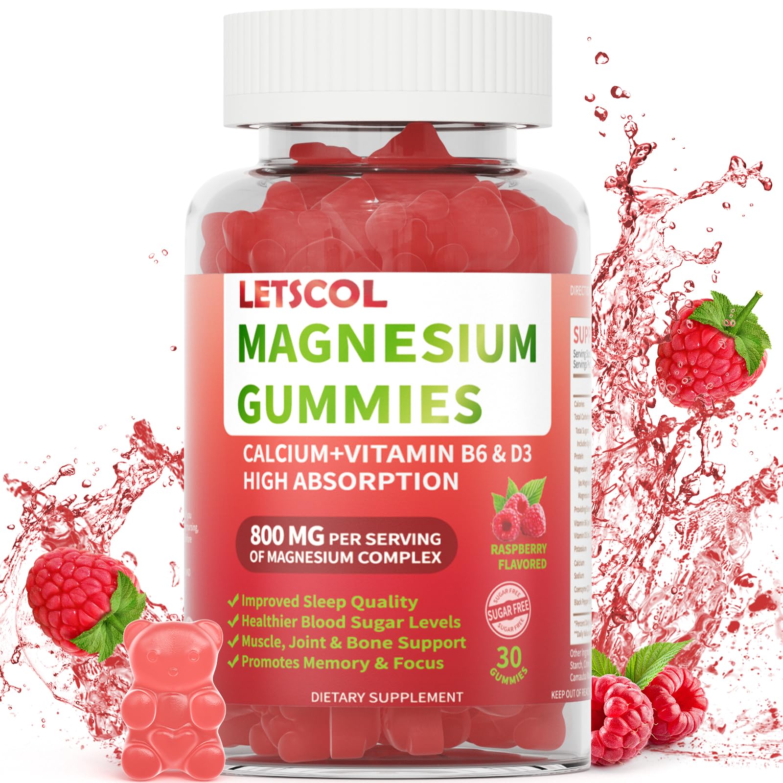 LETSCOL Magnesium Glycinate Gummies 800mg Per Serving, Sugar Free Magnesium Supplement with Magnesium Malate, Calcium, Vitamin D3, B6, CoQ10 for Calm Support & Zzz for Adults Kids LETSCOL uk supplements