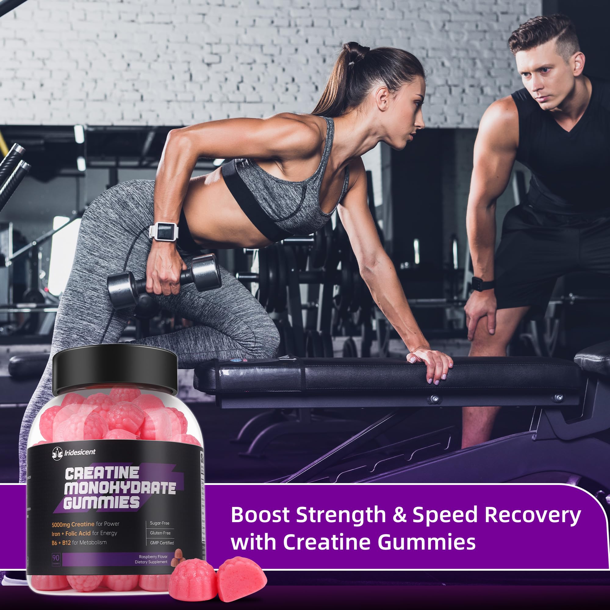 IRIDESICENT Creatine Monohydrate Gummies 5000mg w/Iron, Vitamin B6 & B12, Sugar Free 5g Creatine Supplements for Women and Men Boost Energy & Muscle Recovery - 90 Raspberry Gummies IRIDESICENT uk supplements