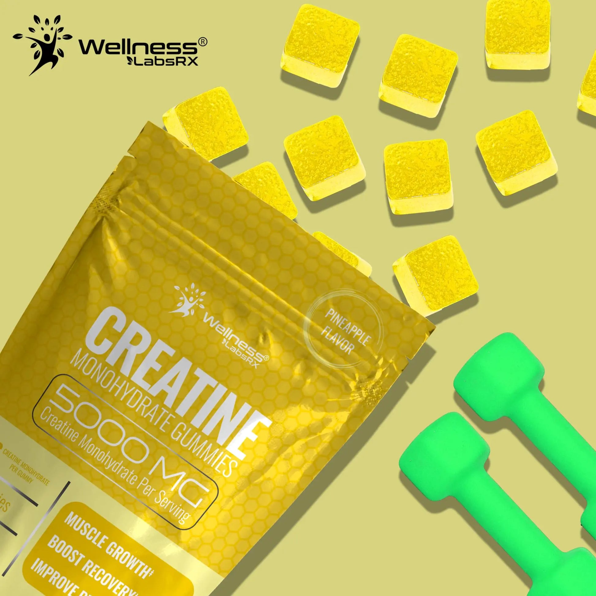 Creatine Gummies 5000mg, 30 Servings Creatine Monohydrate Gummies - Third-Party Tested Creatine for Women, Pineapple Flavor Creatine for Men, Muscle Growth, WELLNESS LABSRX uk supplements