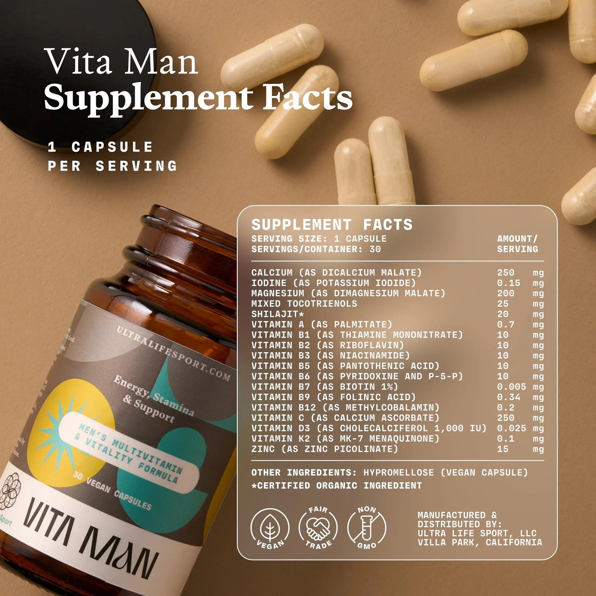 Ultra Life Sport - VITA Man Premium Men's Multivitamin - 30 Capsule Daily Vitamins for Men with Vitamin E, K2 MK-7, and B Vitamins for Maximum Absorption Ultra Life Sport uk supplements