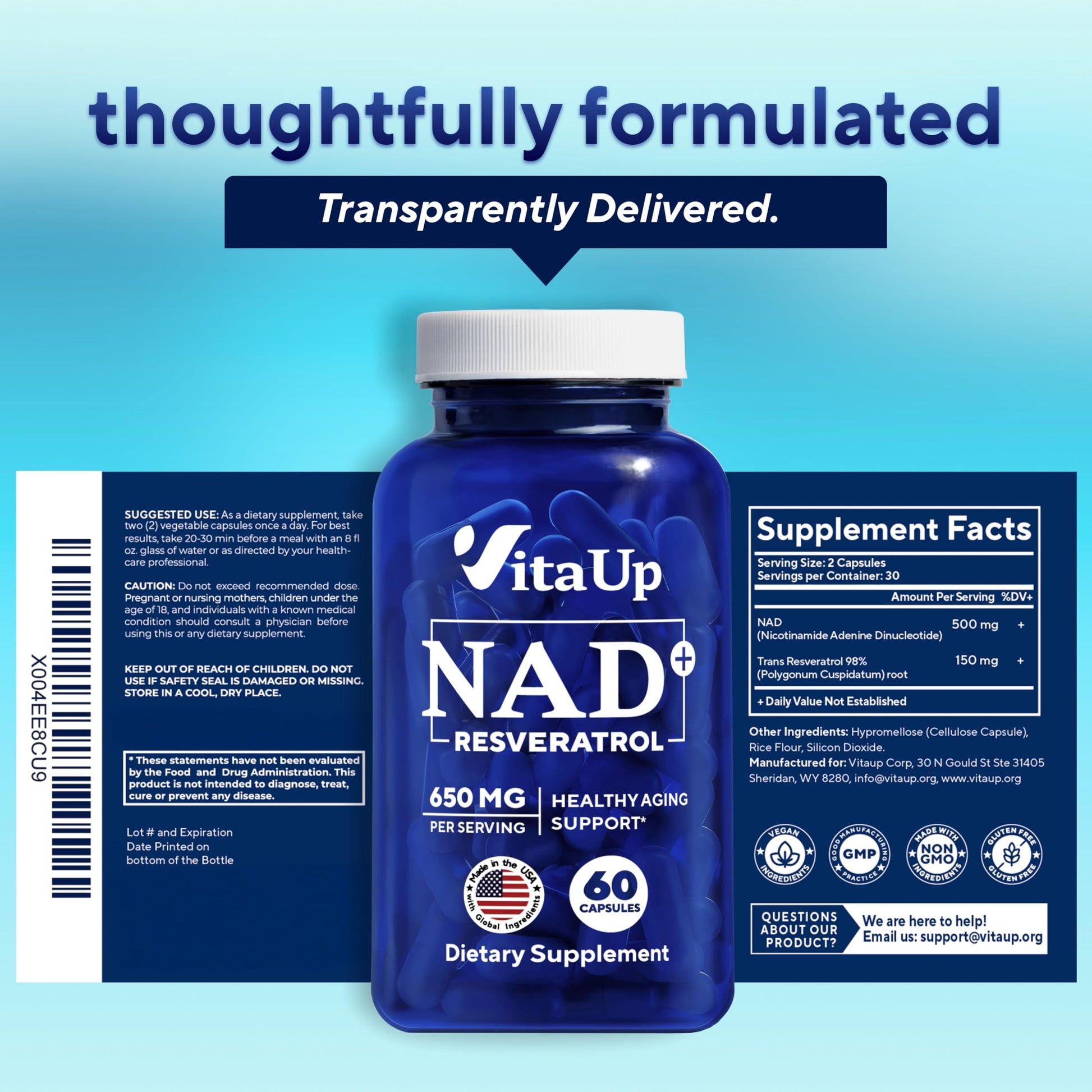 VitaUp NAD+ Resveratrol Supplement - USA Made Trans Resveratrol NAD Supplement 650mg - Nicotinamide Adenine Dinucleotide Capsules for Healthy Aging, Energy & Focus Support - 60 Count VitaUp uk supplements