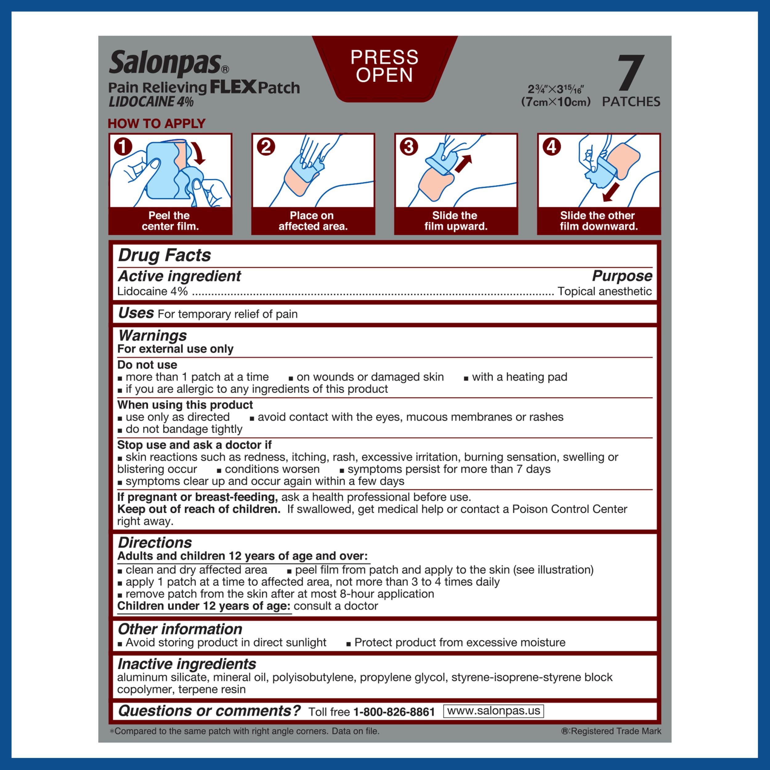 Salonpas Maximum OTC Strength Lidocaine 4% Pain Relieving Flex Patch, Apply for Up to 8 Hours, Unscented, Thin, Flexible, Lightweight, Patch Stays in Place, 7 Patches Salonpas uk supplements