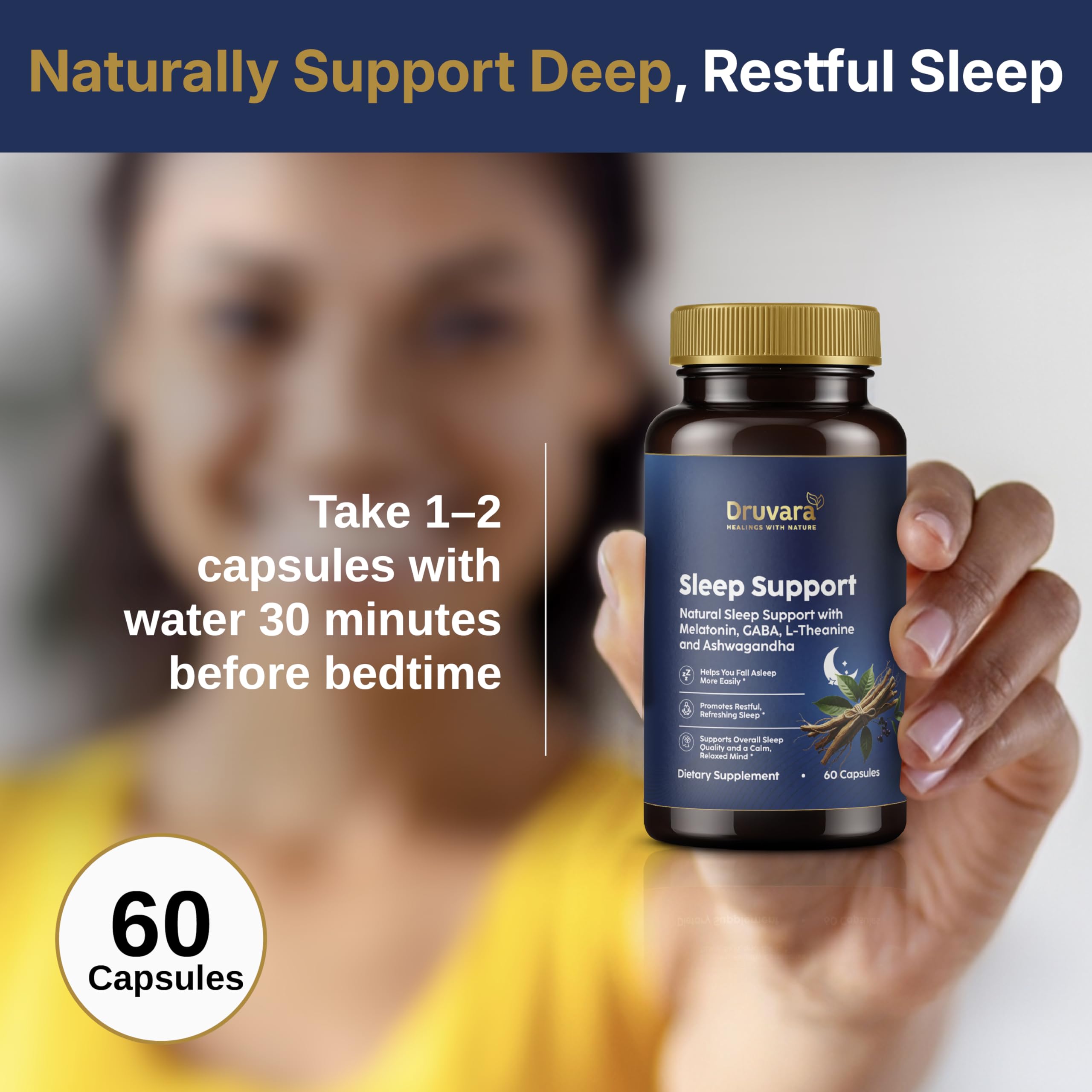 Druvara Natural Sleep Aid for Adults with Melatonin, GABA, L-Theanine & Ashwagandha, Natural Sleep Supplement for Deep, Restful Sleep - 60 Capsules Druvara uk supplements