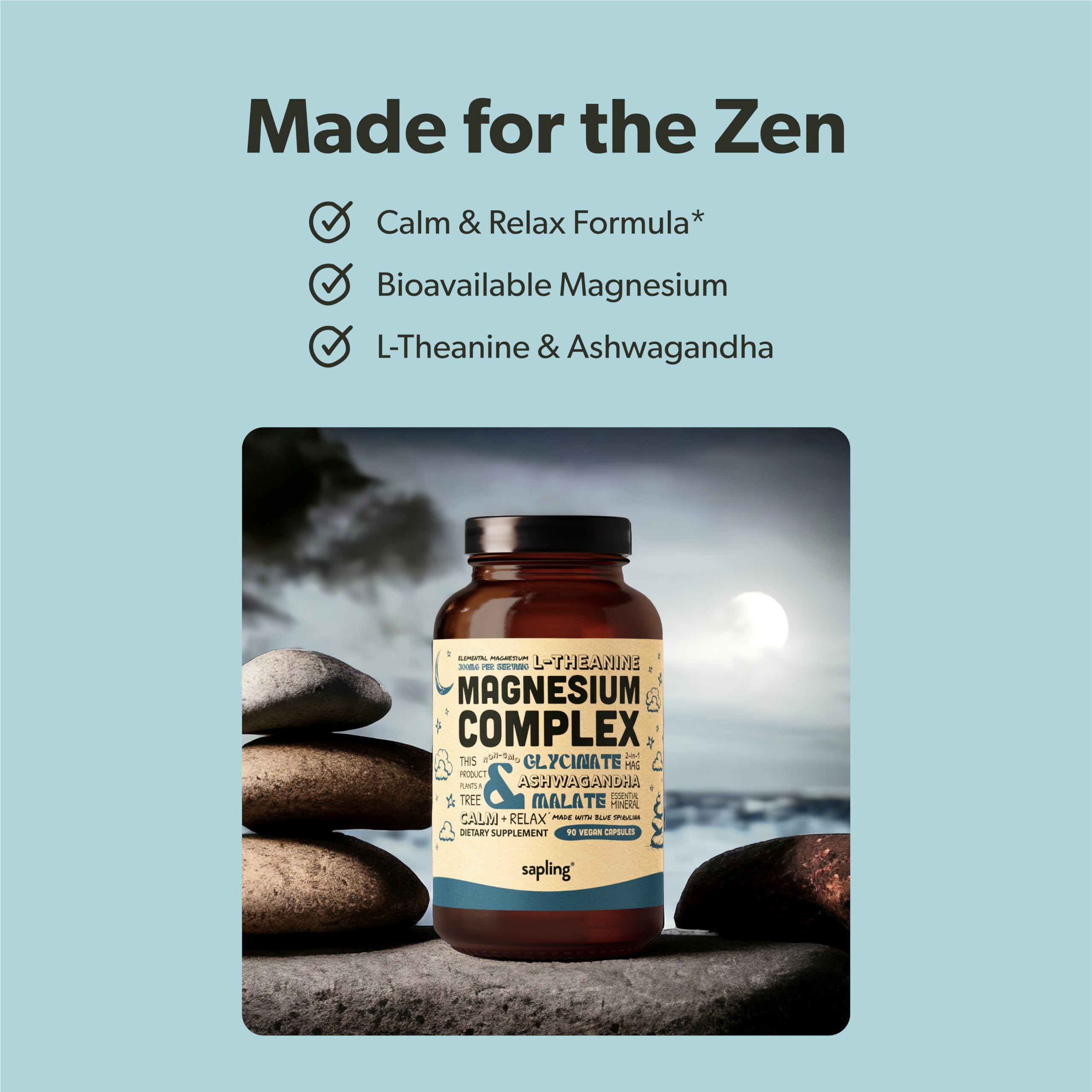 Magnesium Glycinate Complex Supplement - Chelated Magnesium Glycinate with Malate, Organic Ashwagandha, L-theanine & Blue Spirulina - High Absorption, Vegan, Non-GMO, 300mg, 90 Veggie Caps sapling uk supplements