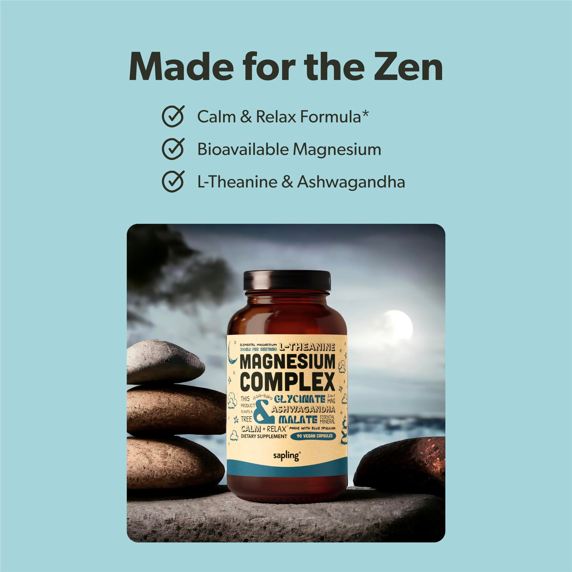 Magnesium Glycinate Complex Supplement - Chelated Magnesium Glycinate with Malate, Organic Ashwagandha, L-theanine & Blue Spirulina - High Absorption, Vegan, Non-GMO, 300mg, 90 Veggie Caps sapling uk supplements