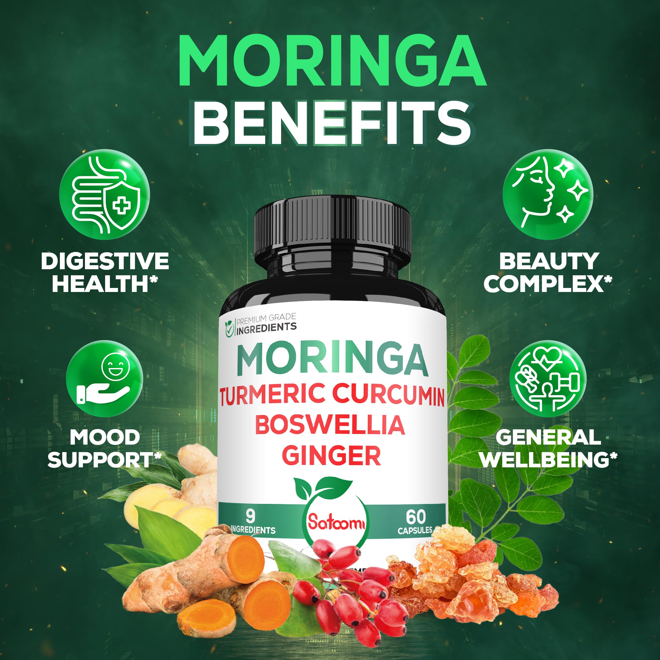 Satoomi 9in1 Moringa Capsules - Featuring Moringa, Turmeric, Boswellia, Ginger, Ashwagandha, Ceylon Cinnamon and Milk Thistle, and Resveratrol | Support Mood, Heart & Overall Health - 60 Count Satoomi uk supplements