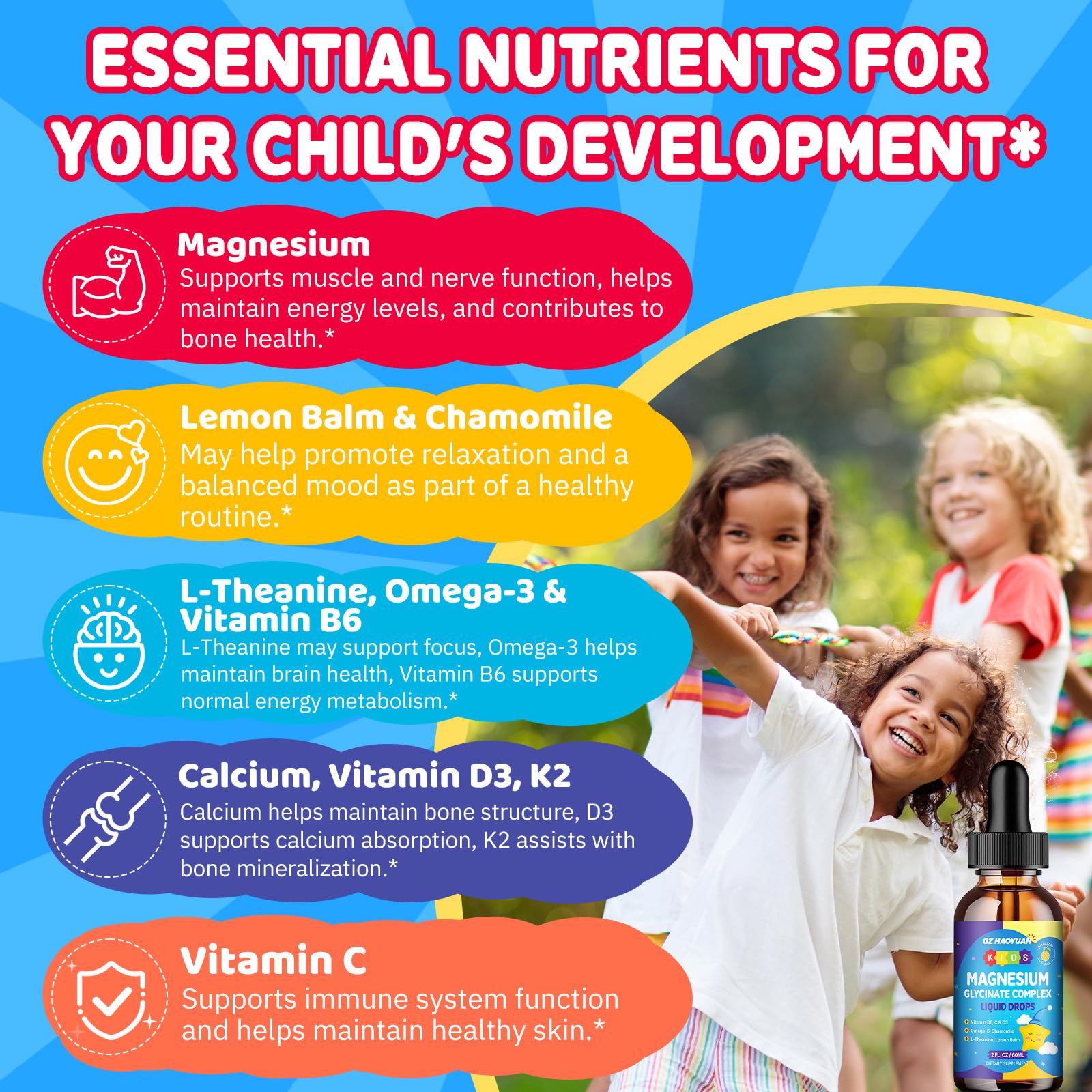 Kids Magnesium Glycinate Liquid Drops‌ – with L-Theanine, Omega-3, Vitamins B6 & D3, Zinc & Calcium – for Sleep Support, Relaxation, Focus & Brain, Bones – Strawberry Flavor, 2 Fl Oz GZ HAOYUAN uk supplements