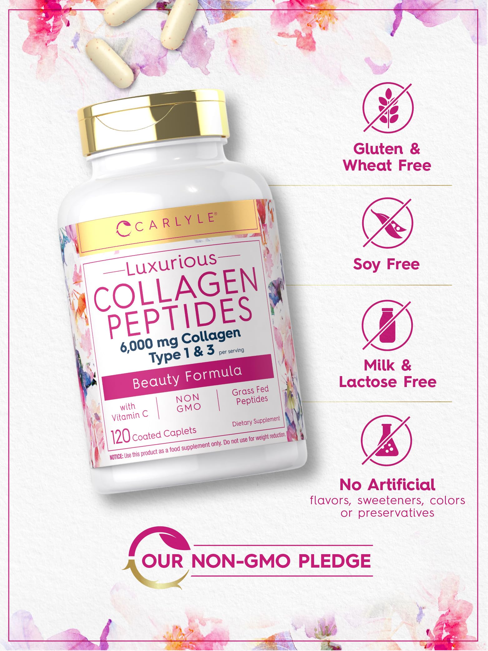 Carlyle Collagen with Vitamin C | 6000mg | 120 Caplets | Multi Collagen Peptide Pills Carlyle uk supplements