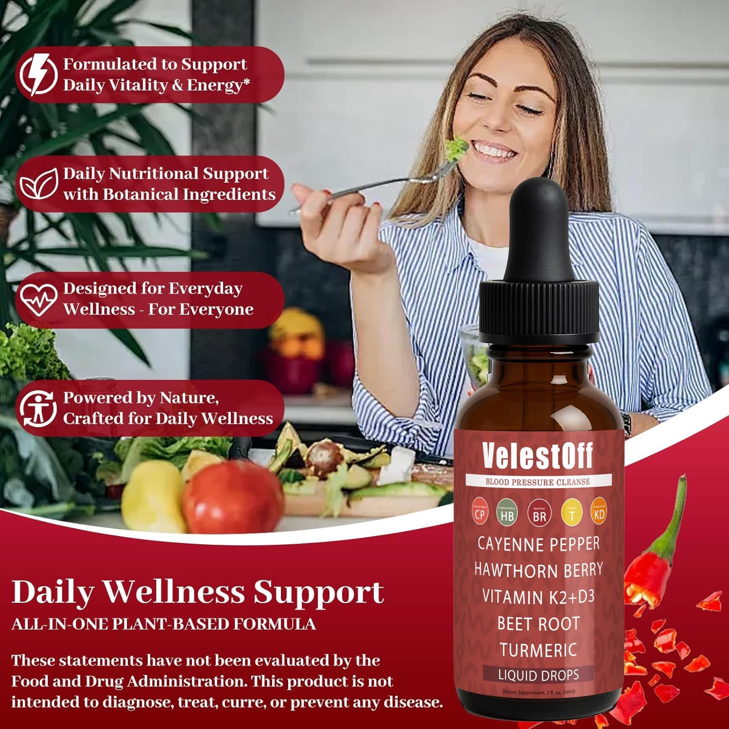 Velestoff Cayenne Pepper | Cayenne Heart & Circulation Blend – Botanical Extracts with Hawthorn, Beet Root, Turmeric, Vitamin K2 & D3 – Daily Wellness Drops (2 fl oz) (2) DFTLUUE uk supplements