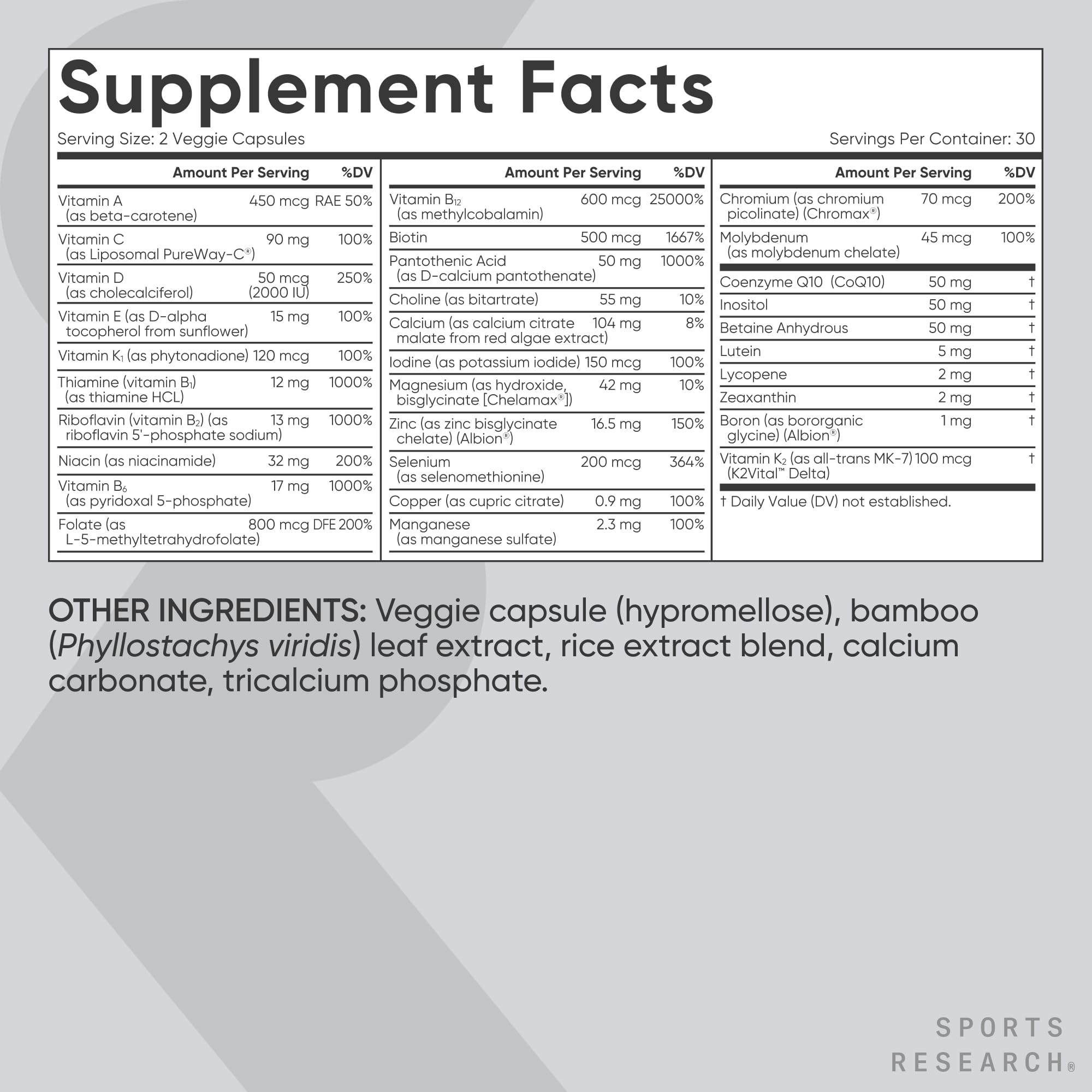 Sports Research® Multivitamin – Advanced Formula - 23 Essential Vitamins & Minerals with CoQ10 & Iodine - Daily Nutrient Support*- Non-GMO Tested & Gluten-Free -60 Veggie Capsules Sports Research uk supplements