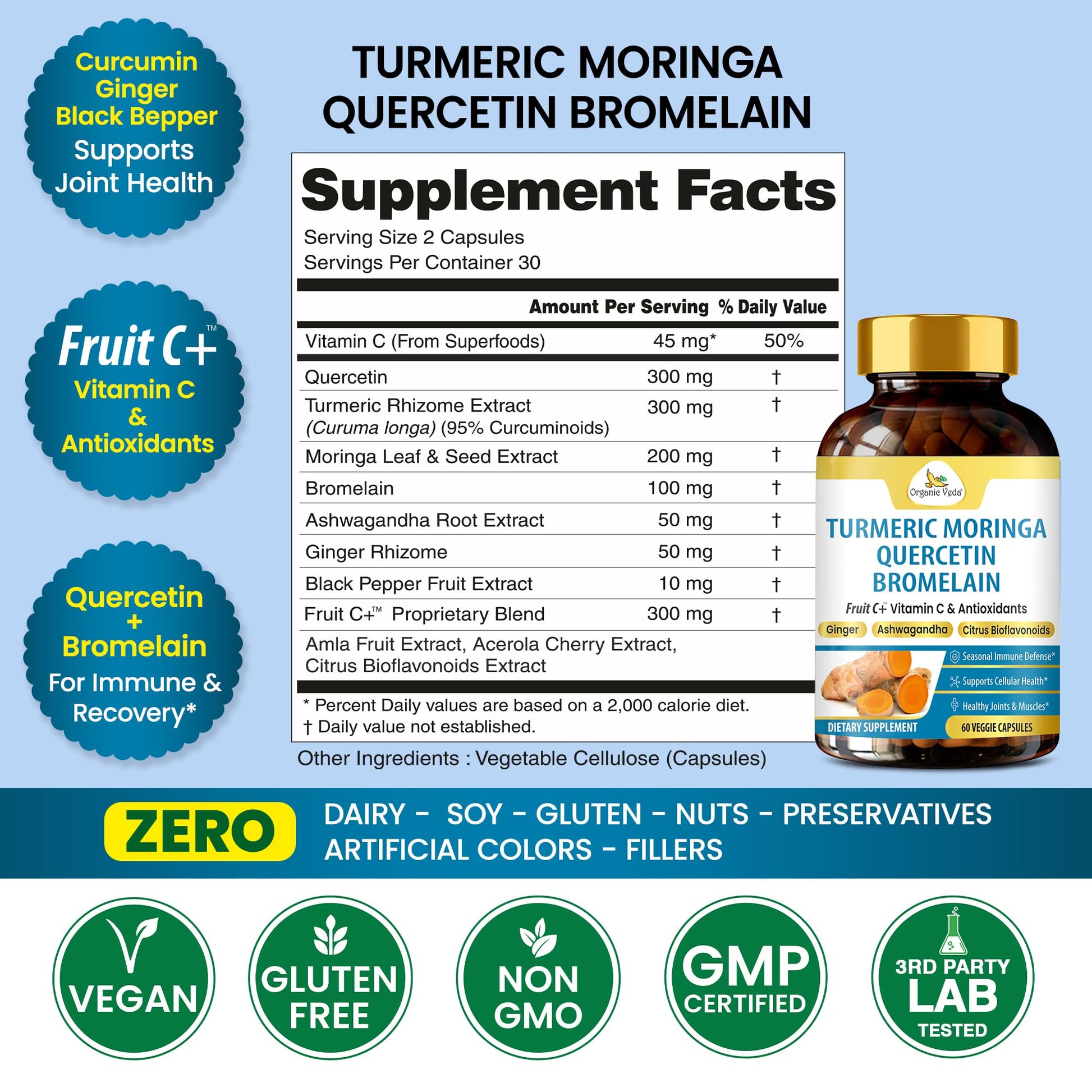 Organic Veda Turmeric Moringa Quercetin with Bromelain Capsules - Fruit C+ Vitamin C Antioxidants Immune System & Respiratory Supplement - Ashwagandha, Ginger, Citrus Bioflavonoids, 60 Vegan Capsule Organic Veda uk supplements
