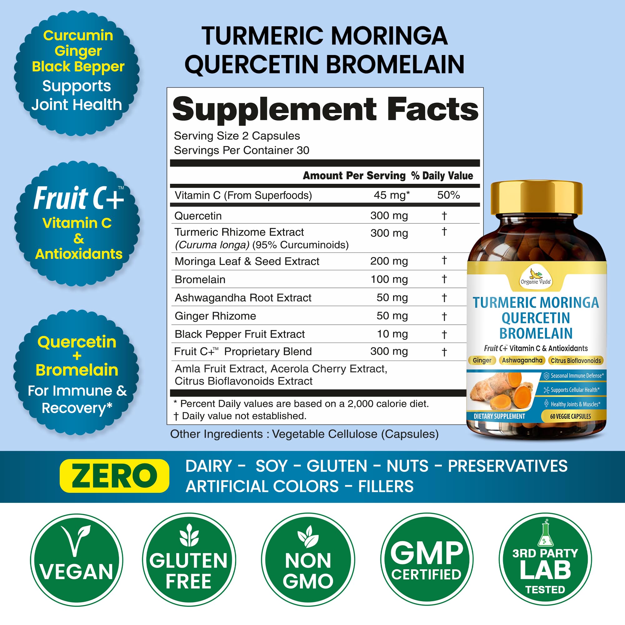 Organic Veda Turmeric Moringa Quercetin with Bromelain Capsules - Fruit C+ Vitamin C Antioxidants Immune System & Respiratory Supplement - Ashwagandha, Ginger, Citrus Bioflavonoids, 60 Vegan Capsule Organic Veda uk supplements