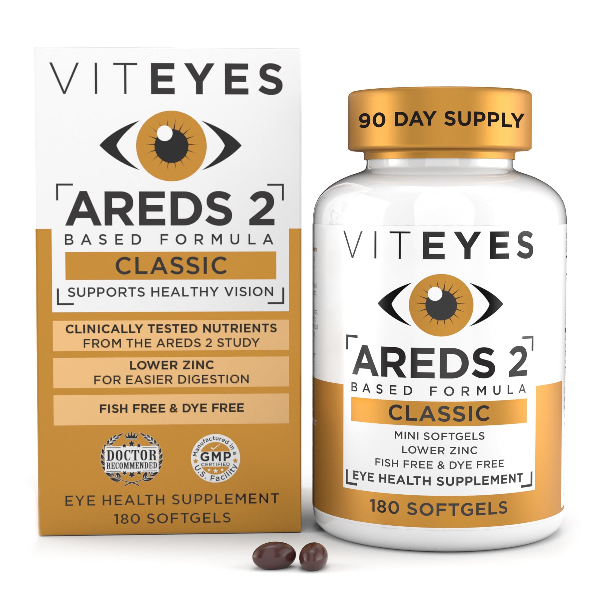Viteyes AREDS 2 Classic Macular Health Formula Softgels, Eye Health Vitamin to Support Macular Health, Lower Zinc, Eye Vitamins, Macular Vitamins, Beta-Carotene Free, 180 Softgels Viteyes uk supplements