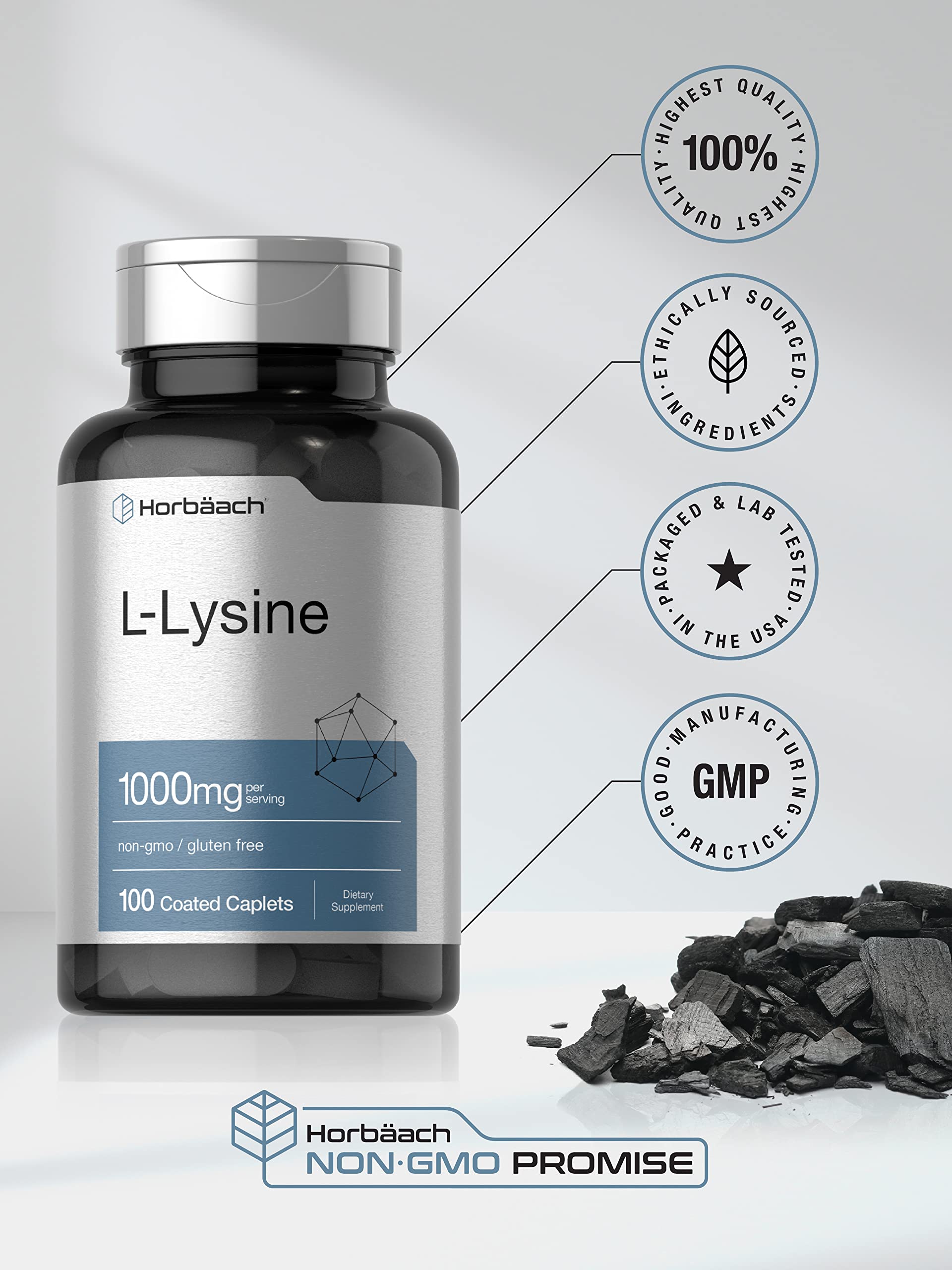L-Lysine 1000mg | 100 Coated Caplets | Free Form Dietary Supplement | Vegetarian Horbäach uk supplements