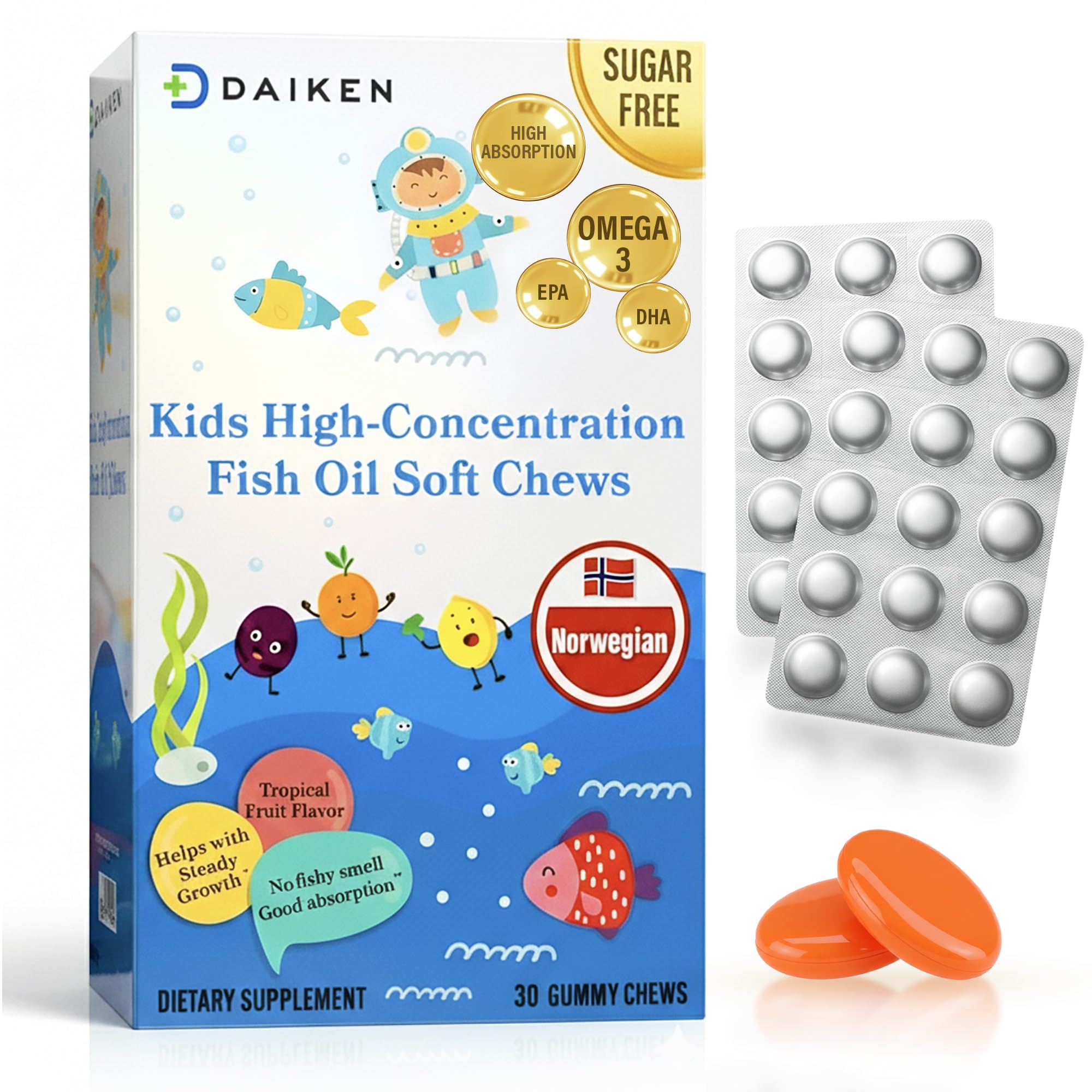 DAIKEN High Concentration Kids Fish Oil Omega-3 Gummies, No Sugar Added, Individually Wrapped, 300 mg Omega-3 (DHA & EPA) with Vitamin D3 for Kid, 30 Count, Tropical Fruit Flavor, Norwegian Sourced DAIKEN uk supplements