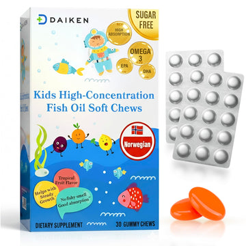 DAIKEN High Concentration Kids Fish Oil Omega-3 Gummies, No Sugar Added, Individually Wrapped, 300 mg Omega-3 (DHA & EPA) with Vitamin D3 for Kid, 30 Count, Tropical Fruit Flavor, Norwegian Sourced DAIKEN uk supplements