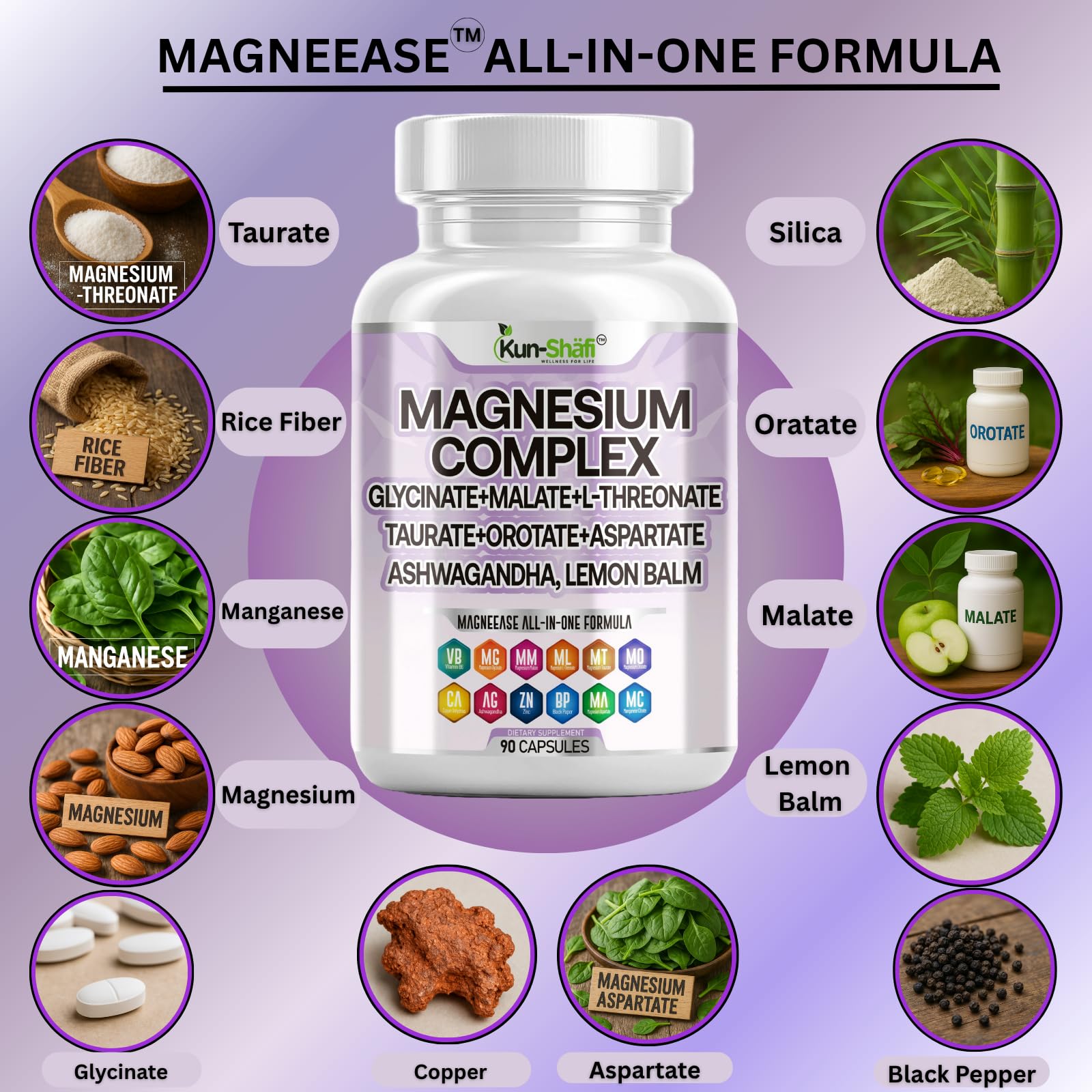 Kun Shafi Magnesium Complex with Magnesium Glycinate Malate, L-Threonate, Taurate, Orotate, Zinc,Aspartate, Copper Manganese & Vitamin D3 B6 Complex - 1Pack Kun Shafi uk supplements