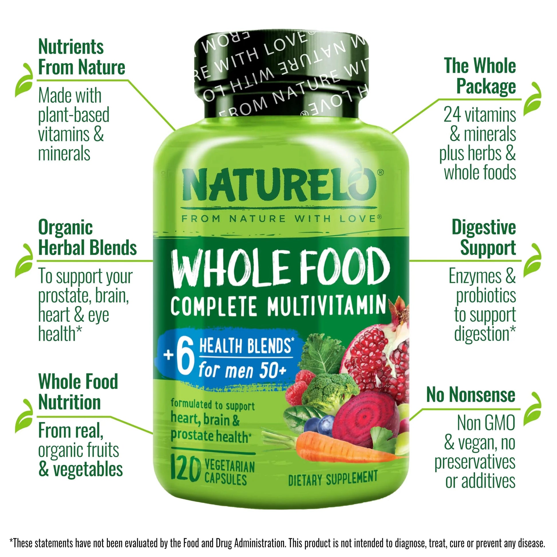 NATURELO Whole Food Multivitamin for Men 50+ - with Vitamins, Minerals, Organic Herbal Extracts - Vegan Vegetarian NATURELO uk supplements