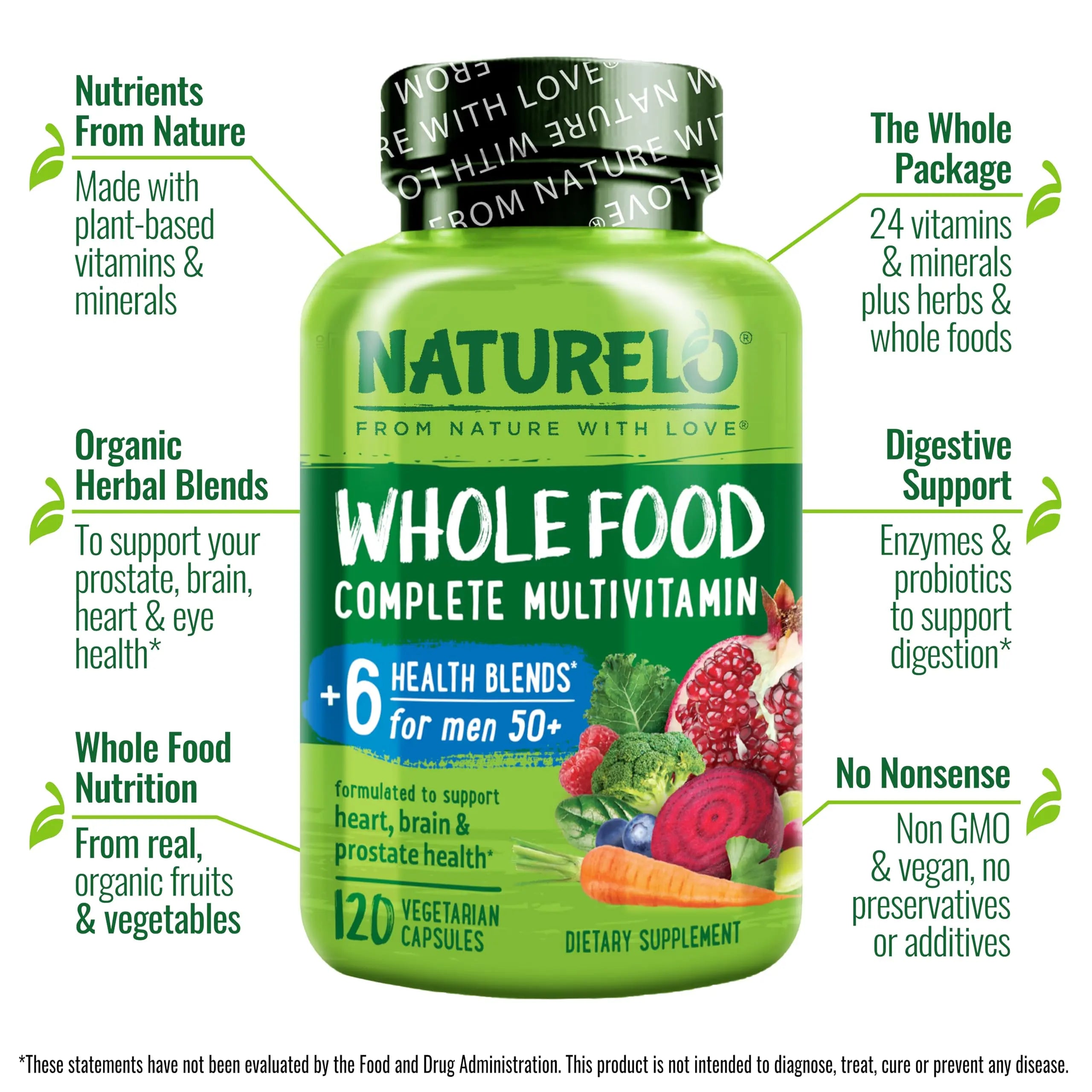 NATURELO Whole Food Multivitamin for Men 50+ - with Vitamins, Minerals, Organic Herbal Extracts - Vegan Vegetarian NATURELO uk supplements