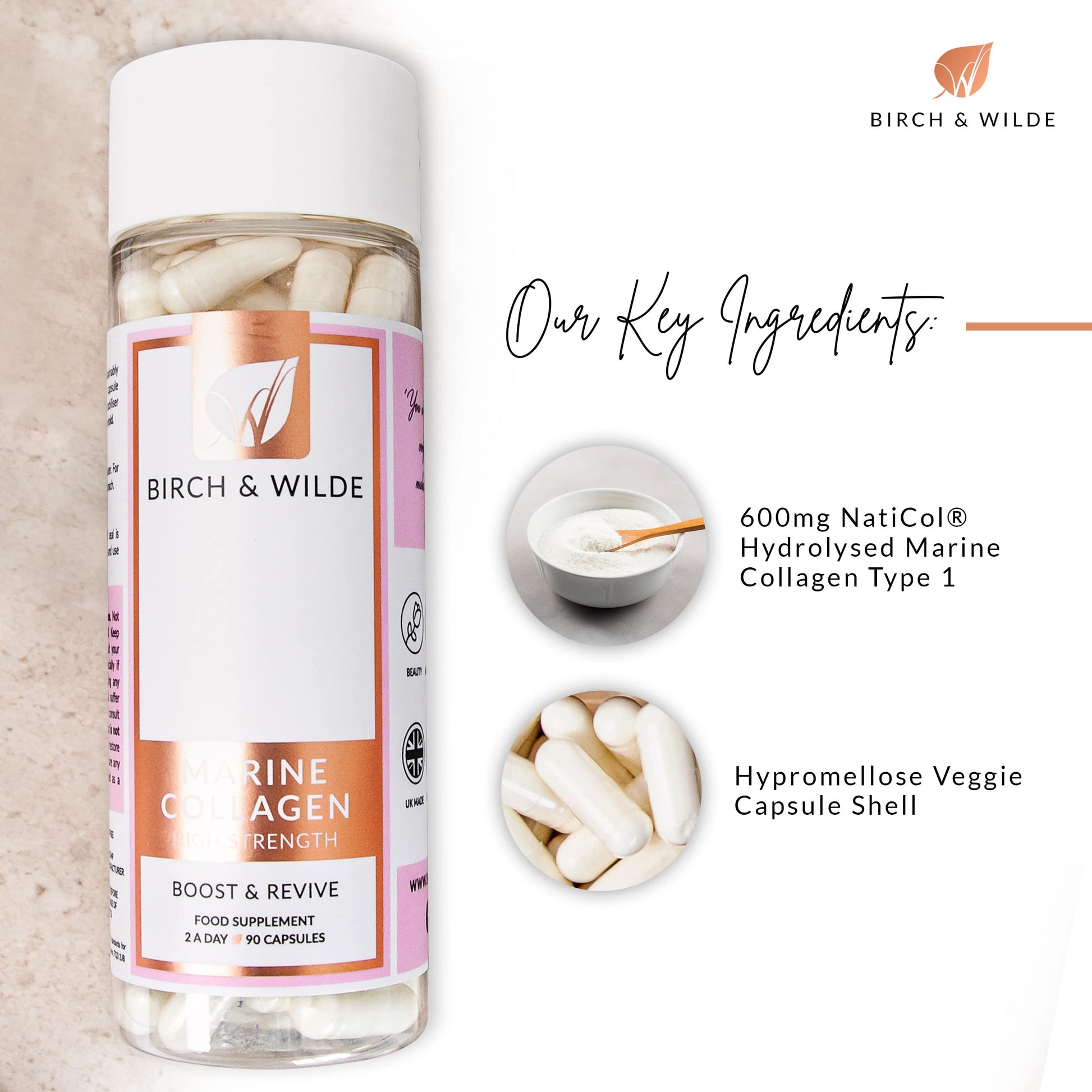 Marine Collagen Peptides Capsules - Hydrolyzed Collagen Supplements for Women & Men BIRCH & WILDE uk supplements