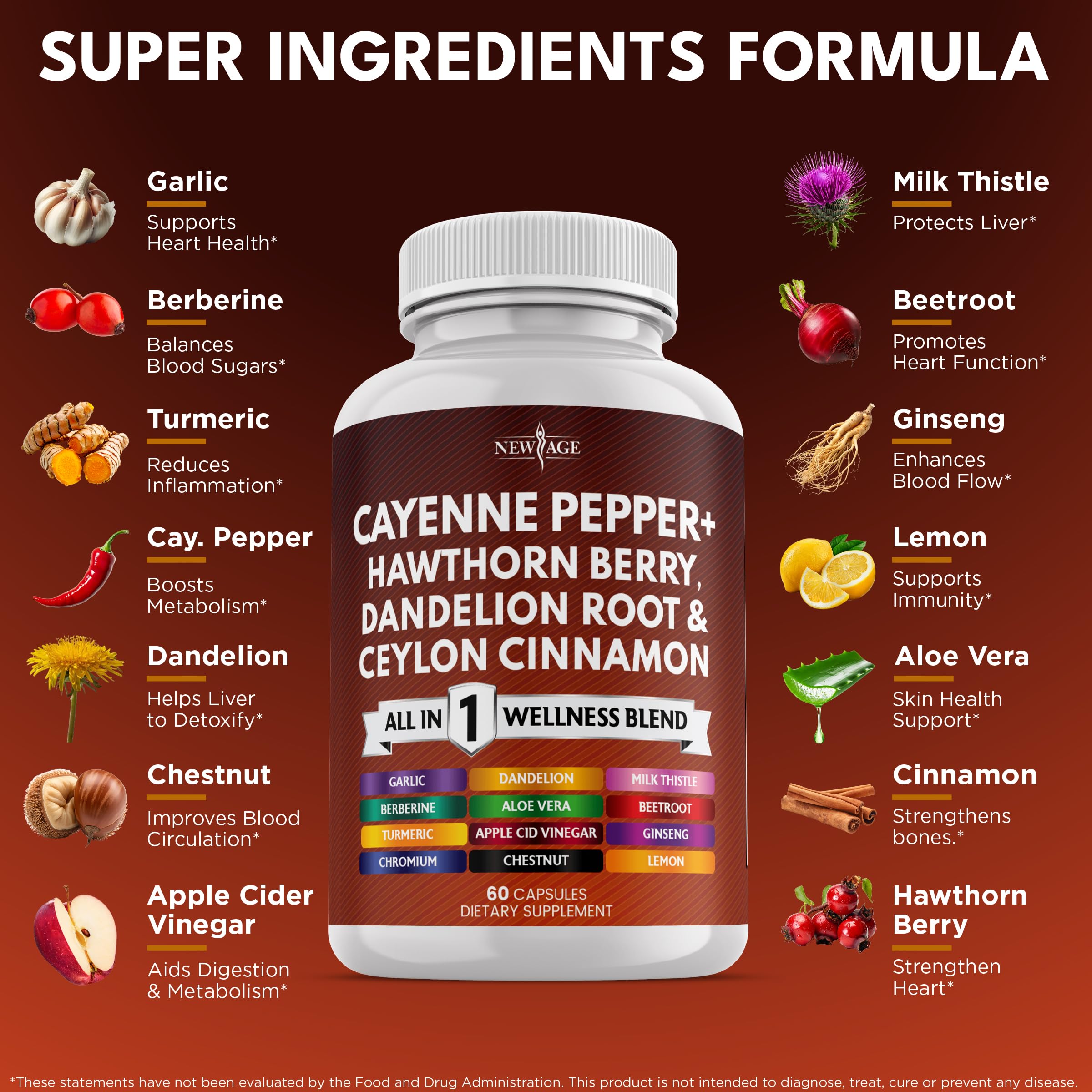 NEW AGE Cayenne Pepper Capsules Supplement with Hawthorn Berry, Dandelion Root, Ceylon Cinnamon, Garlic, Ginger, ACV, Milk Thistle, Beet Root, Aloe Vera - 120 Count NEW AGE uk supplements
