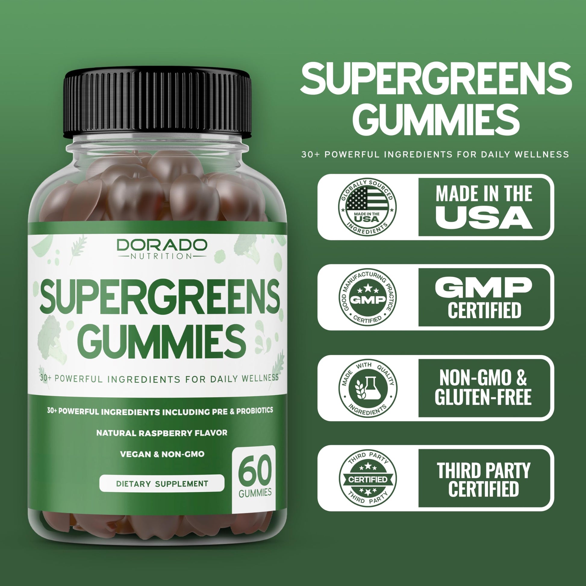 Supergreens Gummies (60 Count) Daily Greens Gummies - Greens Supplements with 8 Ingredient Power Blend - Superfood for Immunity Support for Adults - Third Party Tested, Vegan & USA Made (Pack of 2) DORADO NUTRITION uk supplements