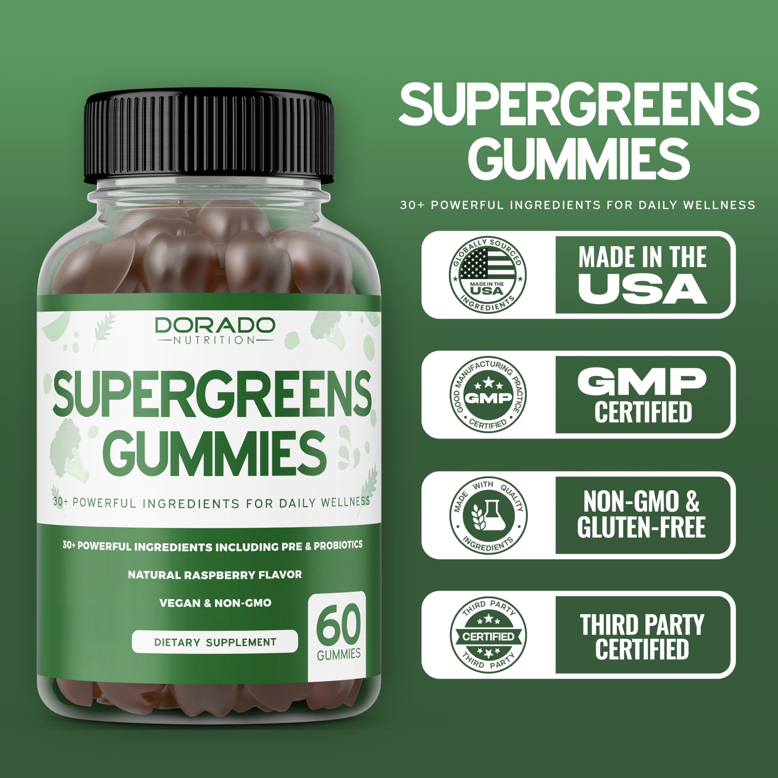 Supergreens Gummies (60 Count) Daily Greens Gummies - Greens Supplements with 8 Ingredient Power Blend - Superfood for Immunity Support for Adults - Third Party Tested, Vegan & USA Made (Pack of 2) DORADO NUTRITION uk supplements