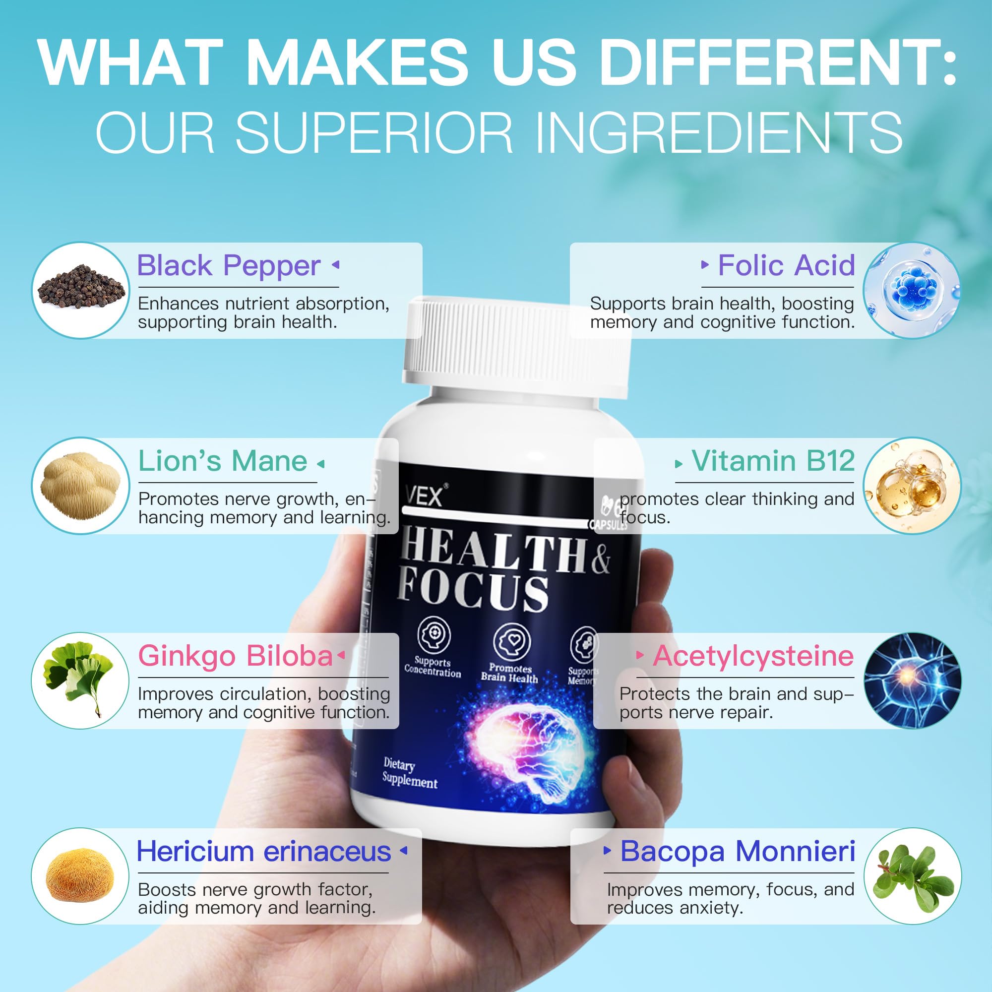 VEX Supplement – Memory & Clarity Support with Folic Acid, Vitamin B, Acetylcysteine, Bacopa Monnieri, Lion’s Mane, Ginkgo Biloba & Black Pepper – Cognitive, 60 Capsules VEX uk supplements