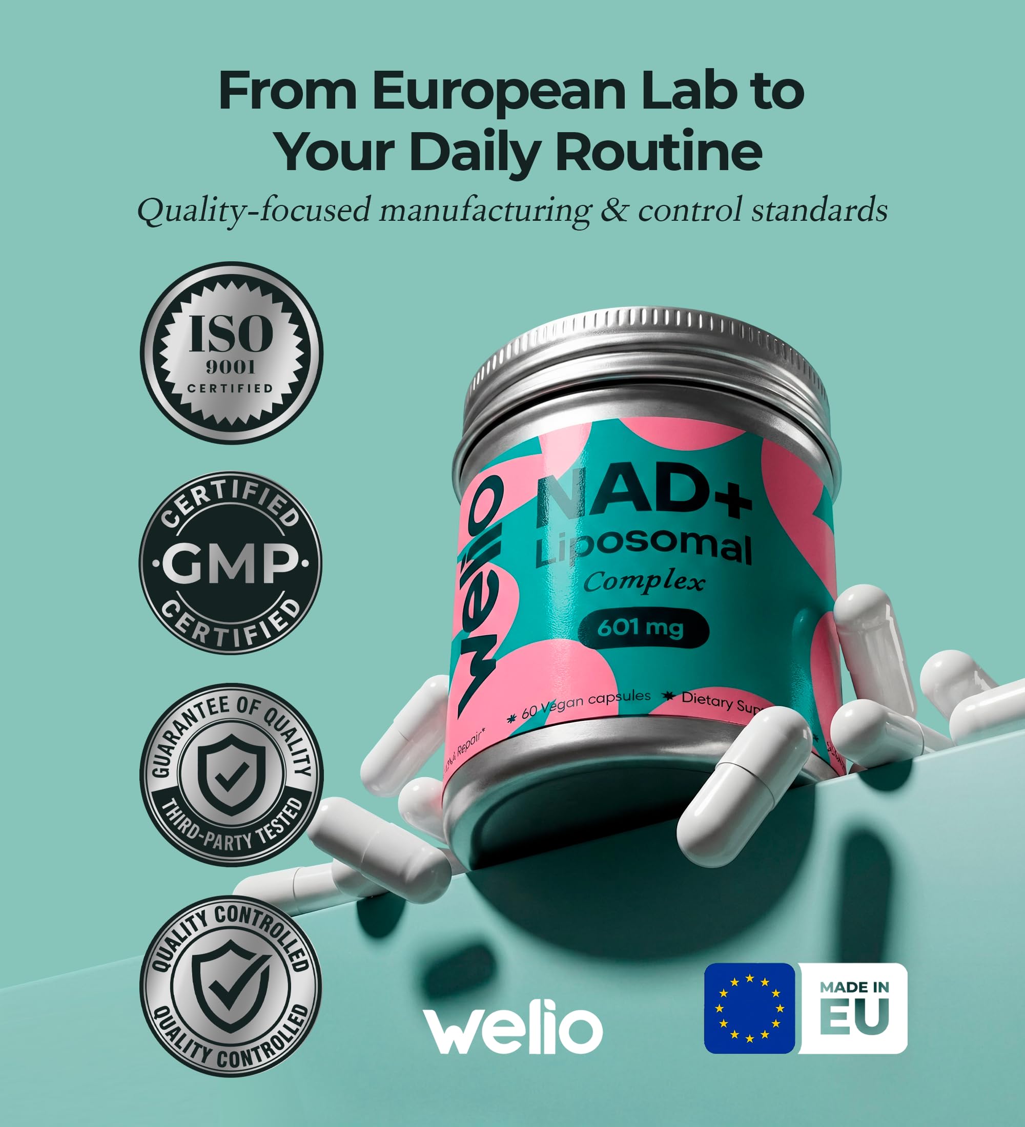 Liposomal NAD Supplement 601mg | Third-Party Tested, High Purity NAD+ | Anti-Aging & Cellular Health | NMN Supplement Alternative | Advanced NAD+ Supplement for Women & Men – 60 Capsules Welio uk supplements