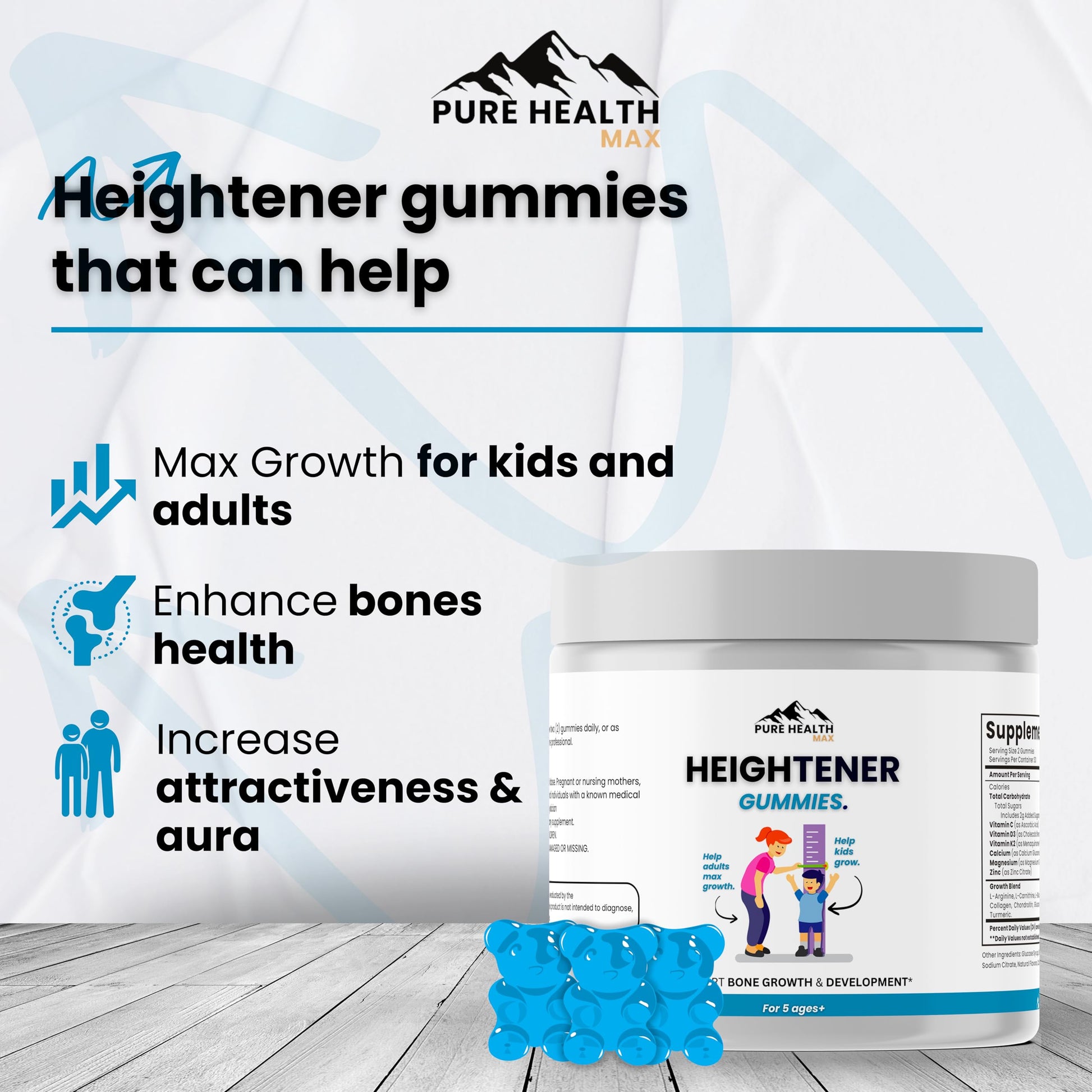 Heightener Gummies - Natural Height Growth Supplement for Kids, Teens and Adults to Increase Bone Strength and Grow Tall | Height Maximizer Pills with L-Arginine, Calcium & Zinc | 60 Gummy PURE HEALTH MAX uk supplements