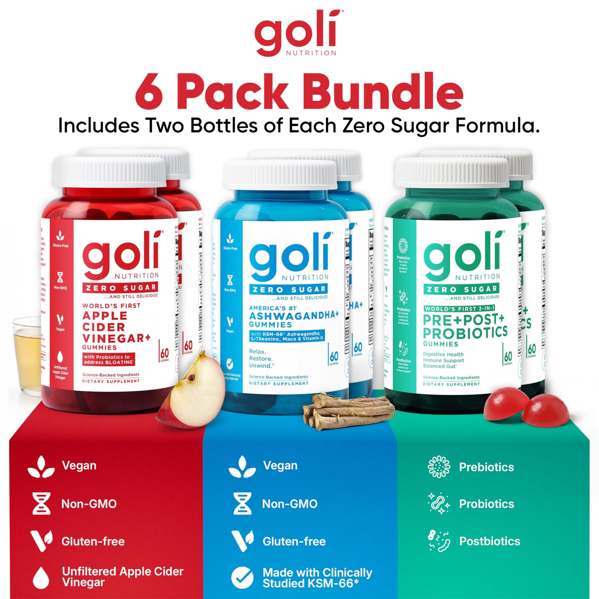 Goli Zero Sugar 6 Pack Bundle - World's First 3-in-1 Pre, Post, Probiotic, Apple Cider Vinegar with Vitamin B12 and Probiotics to Address Bloating, Ashwagandha & L-Theanine, Vitamin D Gummies Goli uk supplements