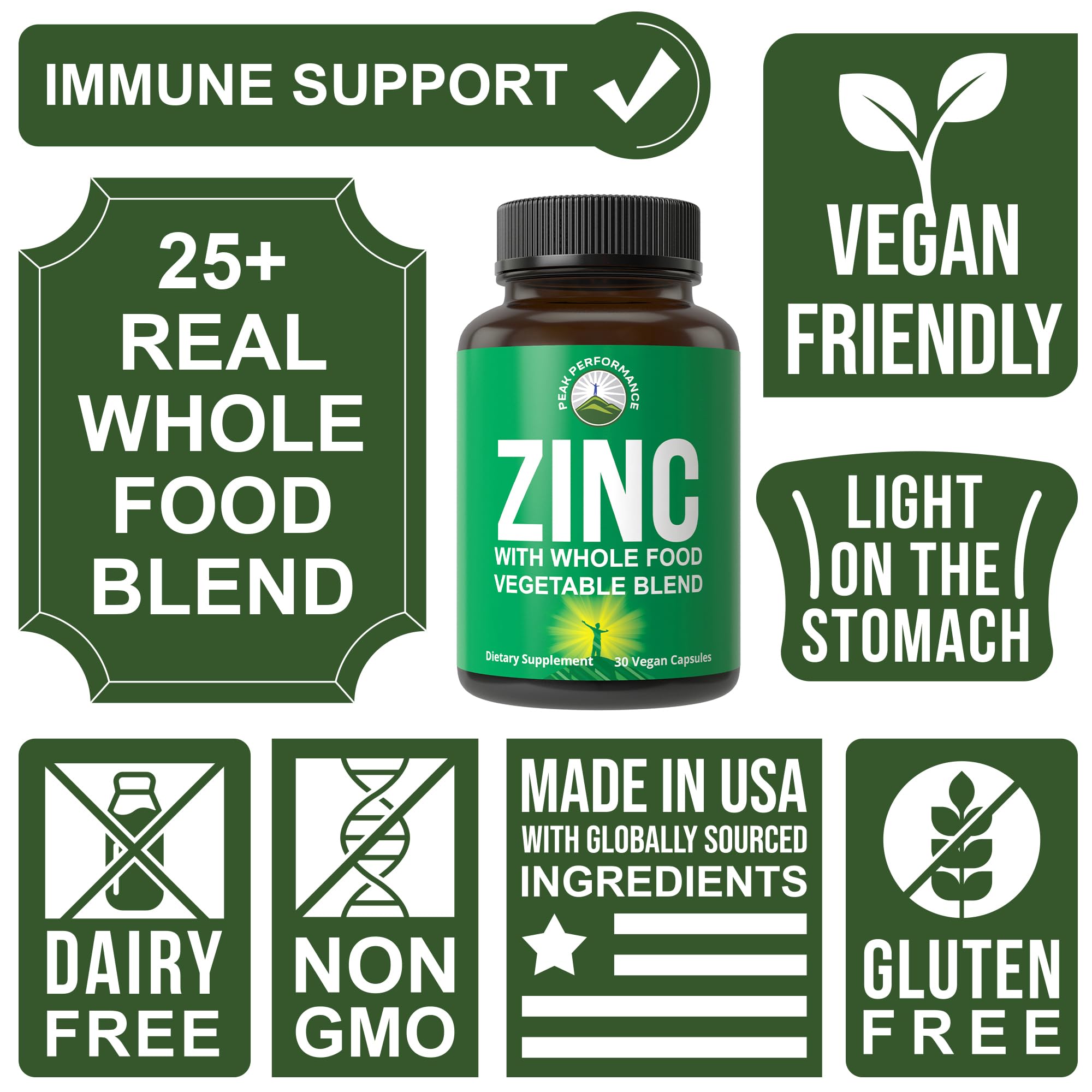 Vegan Zinc Supplement with Vitamin C + Whole Food Blend of 25 Vegetables and Fruits for Max Absorption. Zinc Supplements 30mg Capsules, Pills, Tablets, Vitamins for Adults Both Men and Women Peak Performance uk supplements