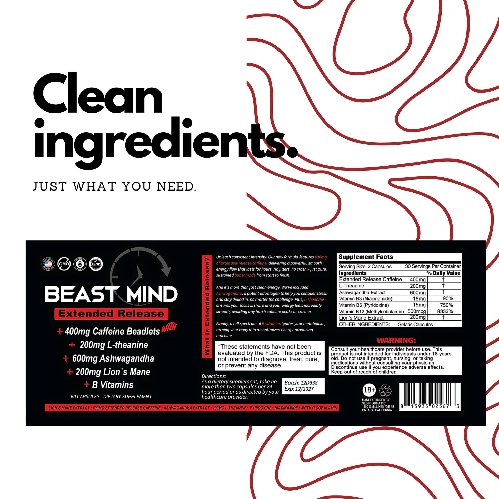 Beast Mind Extended Release Extreme Energy Pills | 400mg XR Caffeine | 600mg Ashwagandha | 200mg Lion's Mane, Increased Energy & Focus, Natural Nootropic Labs Beast Mind uk supplements