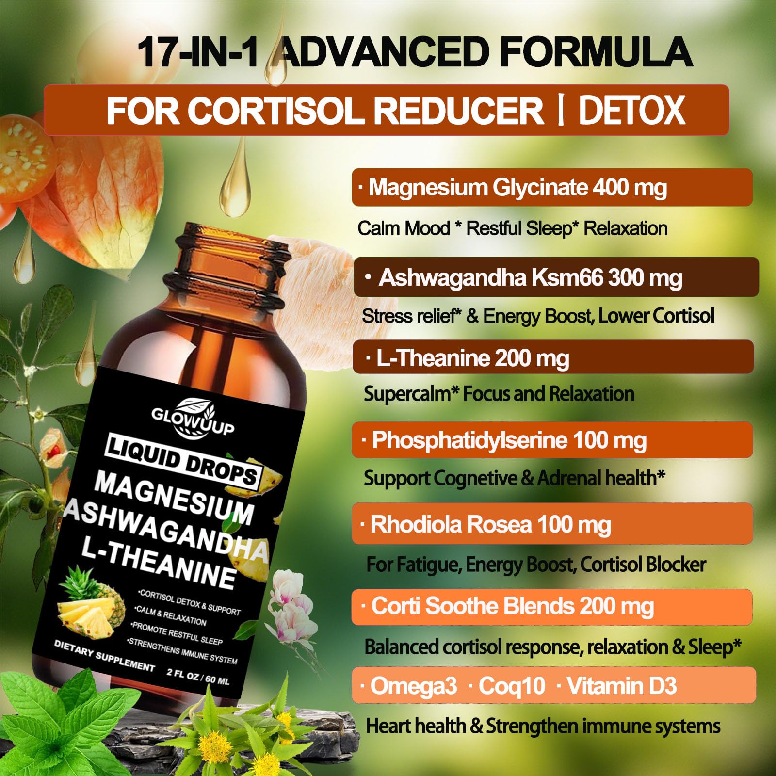 Cortisol Supplements for Women & Men, Cortisol Reducer Manager Detox Liquid Drops Extra Strength Magnesium Glycinate 200mg, L-Theanine & Ashwagandha丨Hormone Balance, Relaxation & Recess Mood GLOVVUUP uk supplements