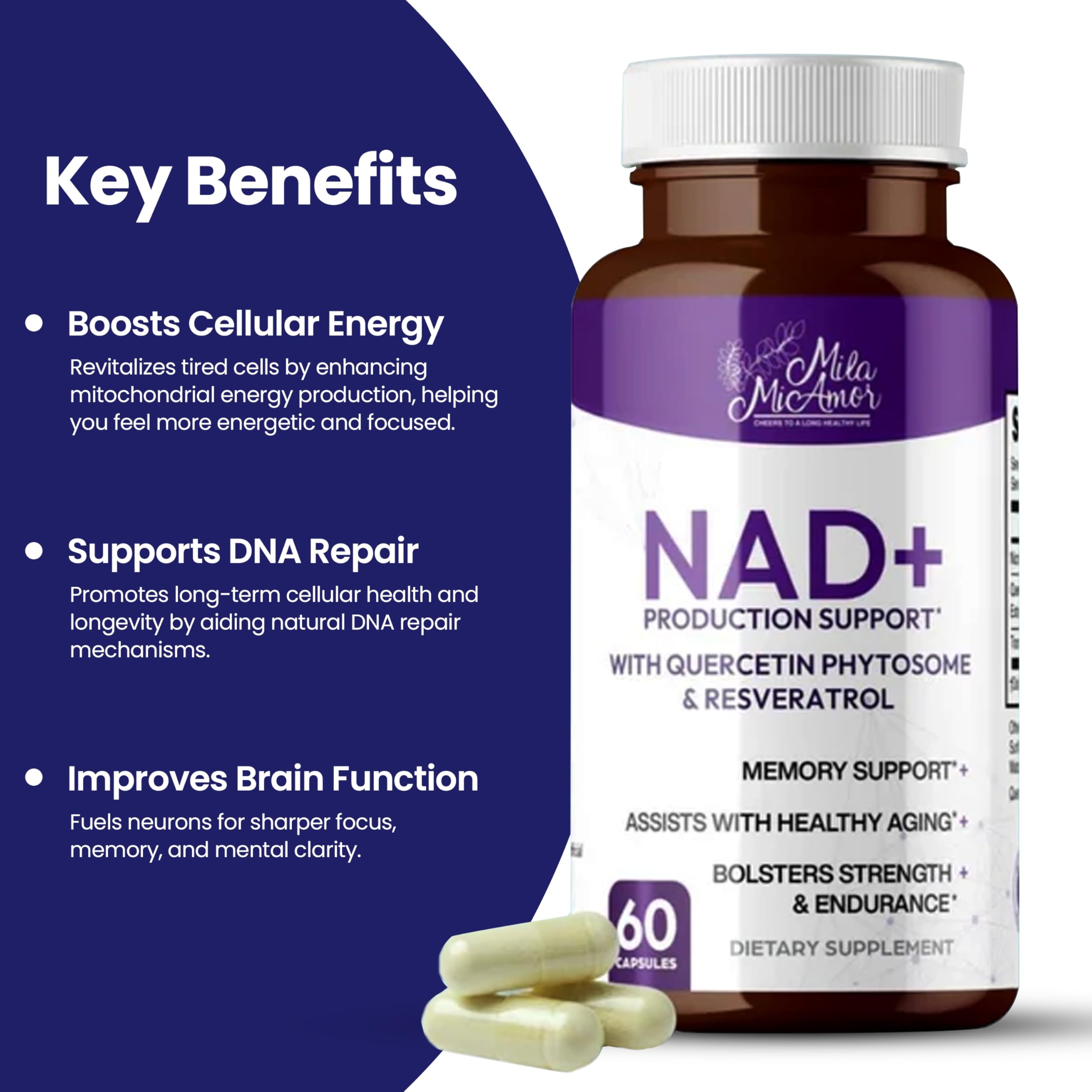 Mila Miamor NAD+ for Cellular Energy & Anti-Aging Supplement| Boost Focus, Vitality & Mitochondrial Function | Supports DNA Repair, Brain Health & Endurance | Non-GMO, Gluten-Free | 60 Capsules Mila Miamor uk supplements