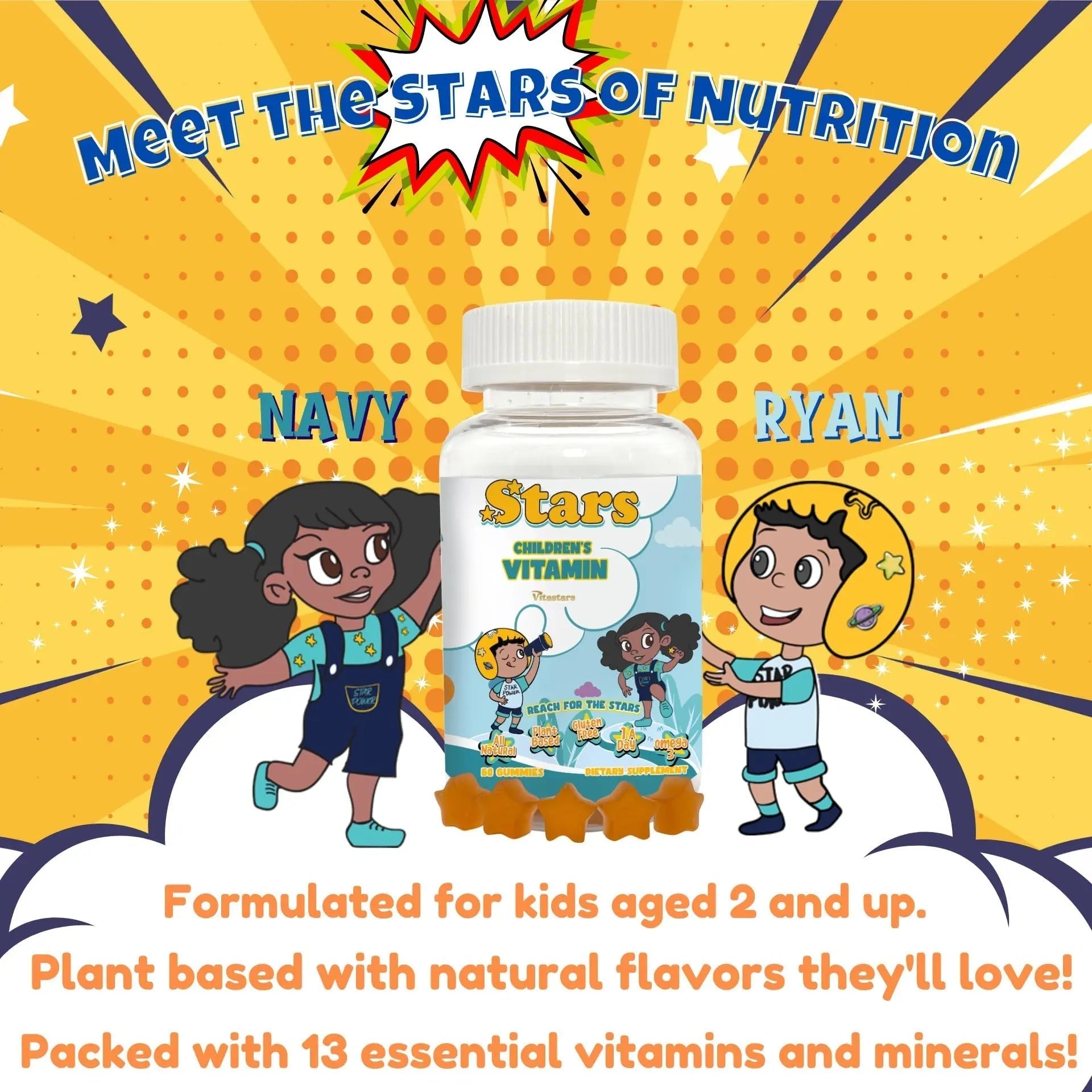 Stars Kids Multivitamin Gummies with Omega 3, Vitamins for Kids with A, B, C, D, Plant Based Multi Vitamins for Children, Manganese Vitastars uk supplements